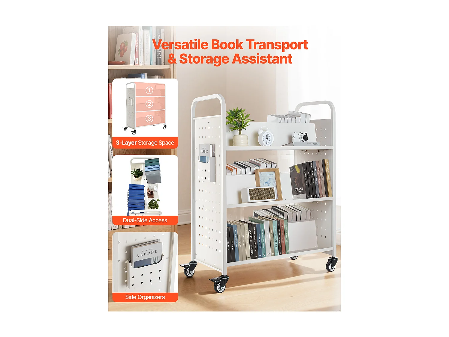 Boekenwagen SucceBuy, Laadvermogen 150 kg, Bibliotheekwagen, 97x51,5x122,5 cm, Boeken Opbergplank Dubbele Zijde, voor Woonkamer, Wit