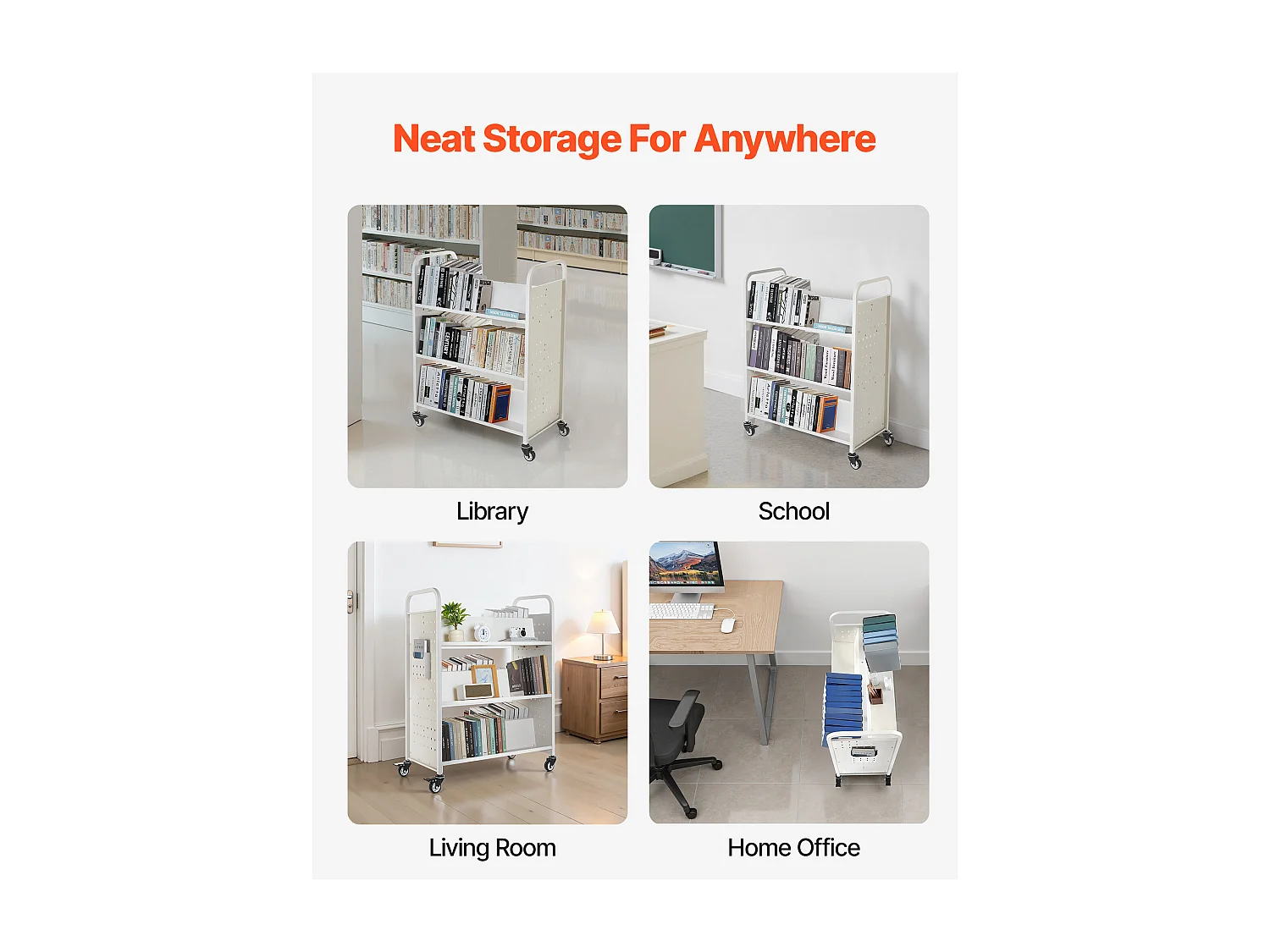 Boekenwagen SucceBuy, Laadvermogen 150 kg, Bibliotheekwagen, 97x51,5x122,5 cm, Boeken Opbergplank Dubbele Zijde, voor Woonkamer, Wit