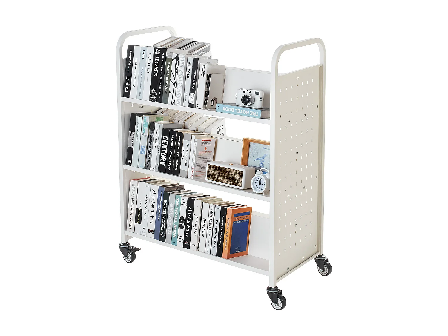 Boekenwagen SucceBuy, Laadvermogen 150 kg, Bibliotheekwagen, 97x51,5x122,5 cm, Boeken Opbergplank Dubbele Zijde, voor Woonkamer, Wit