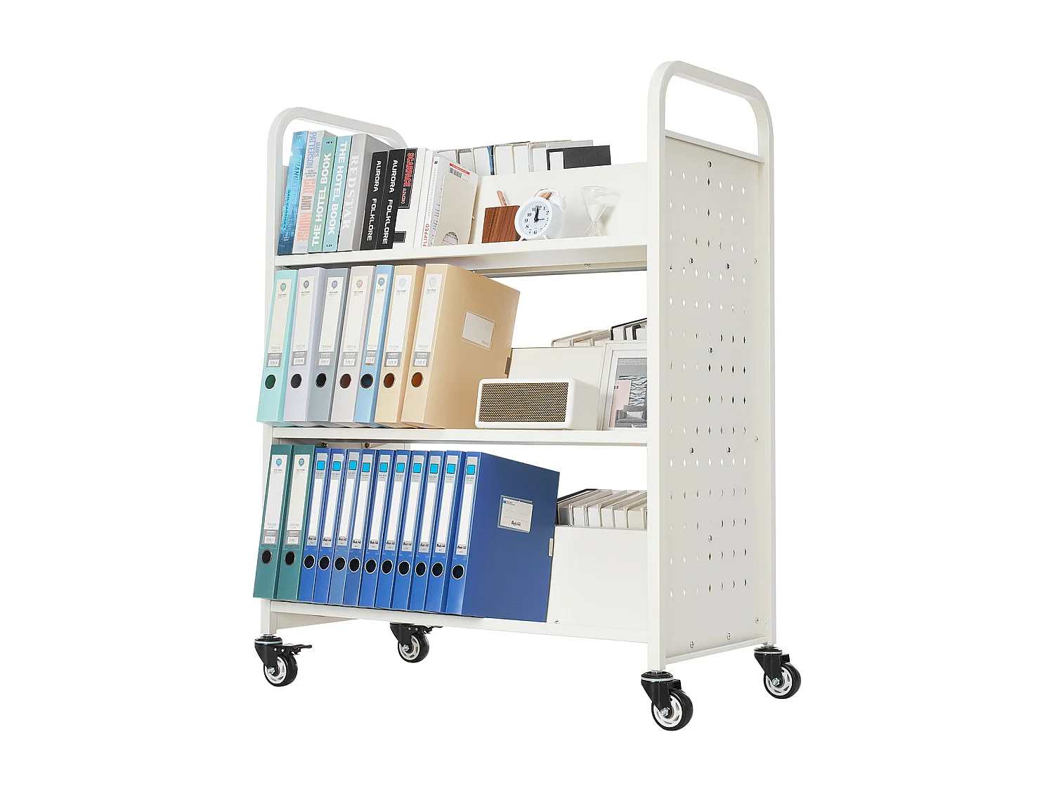 Boekenwagen SucceBuy, Laadvermogen 150 kg, Bibliotheekwagen, 97x51,5x122,5 cm, Boeken Opbergplank Dubbele Zijde, voor Woonkamer, Wit