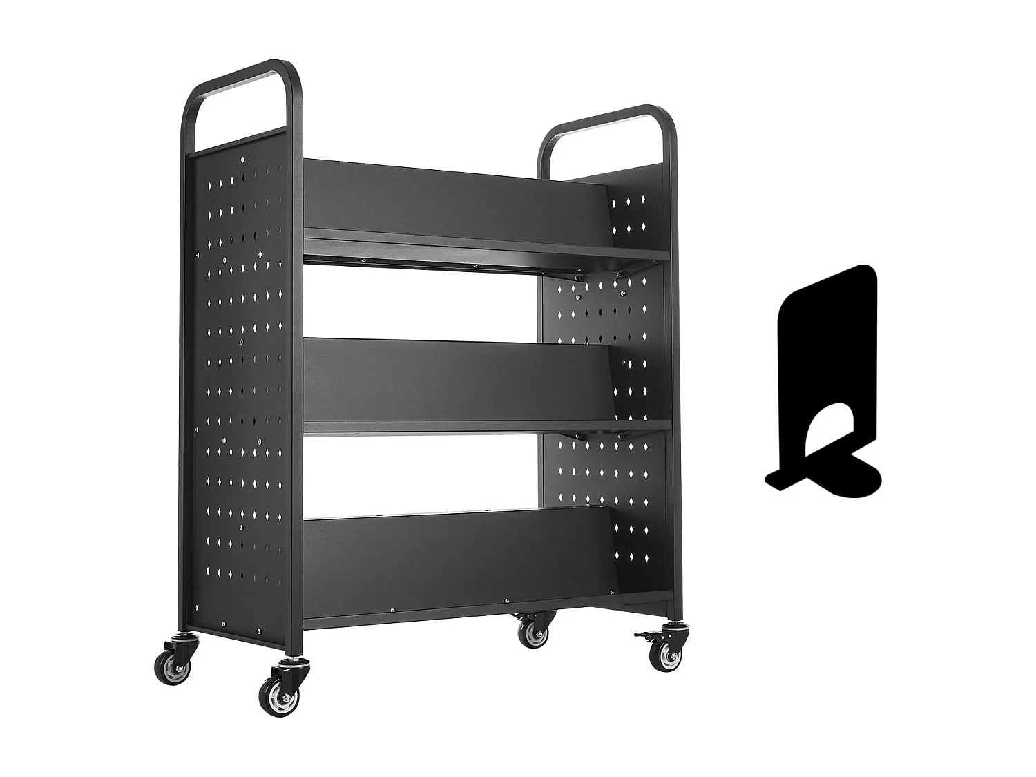 Boekenwagen SucceBuy, Laadvermogen 150 kg, 97x51,5x122,5 cm, Boeken Opbergplank Dubbele Zijde in W met Wieltjes Dubbele Rem, Zwart
