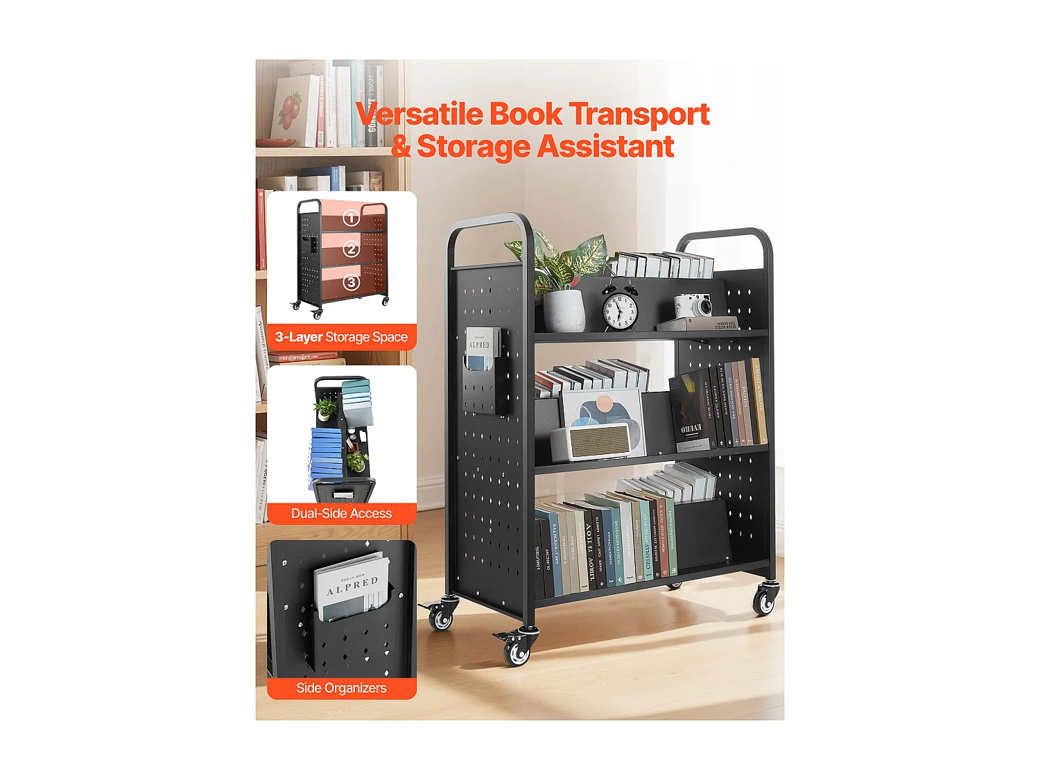 Boekenwagen SucceBuy, Laadvermogen 150 kg, 97x51,5x122,5 cm, Boeken Opbergplank Dubbele Zijde in W met Wieltjes Dubbele Rem, Zwart