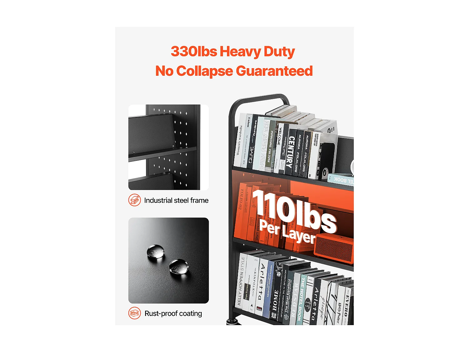 Boekenwagen SucceBuy, Laadvermogen 150 kg, 97x51,5x122,5 cm, Boeken Opbergplank Dubbele Zijde in W met Wieltjes Dubbele Rem, Zwart