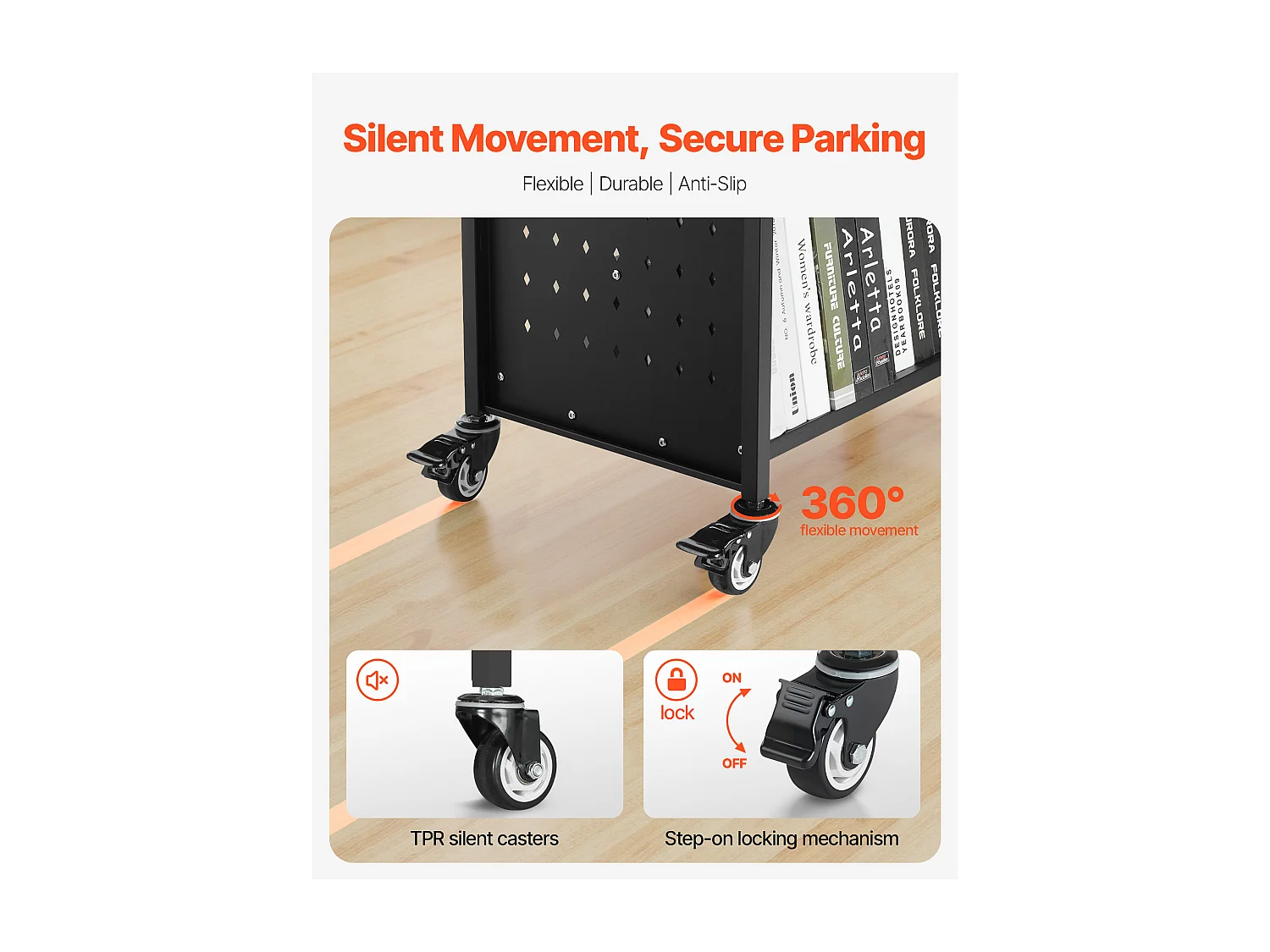 Boekenwagen SucceBuy, Laadvermogen 150 kg, 97x51,5x122,5 cm, Boeken Opbergplank Dubbele Zijde in W met Wieltjes Dubbele Rem, Zwart