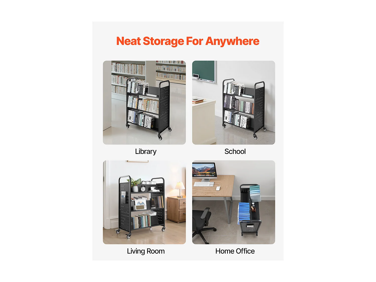 Boekenwagen SucceBuy, Laadvermogen 150 kg, 97x51,5x122,5 cm, Boeken Opbergplank Dubbele Zijde in W met Wieltjes Dubbele Rem, Zwart