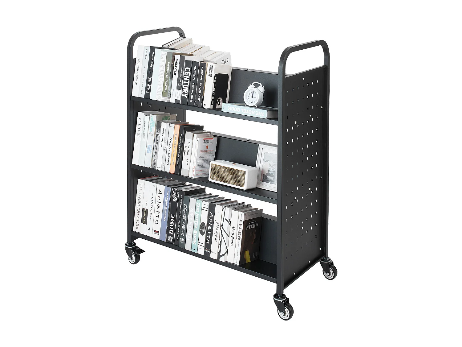 Boekenwagen SucceBuy, Laadvermogen 150 kg, 97x51,5x122,5 cm, Boeken Opbergplank Dubbele Zijde in W met Wieltjes Dubbele Rem, Zwart