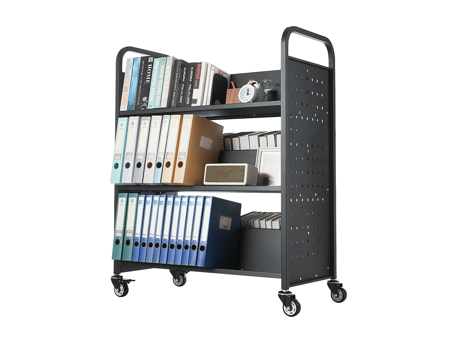 Boekenwagen SucceBuy, Laadvermogen 150 kg, 97x51,5x122,5 cm, Boeken Opbergplank Dubbele Zijde in W met Wieltjes Dubbele Rem, Zwart
