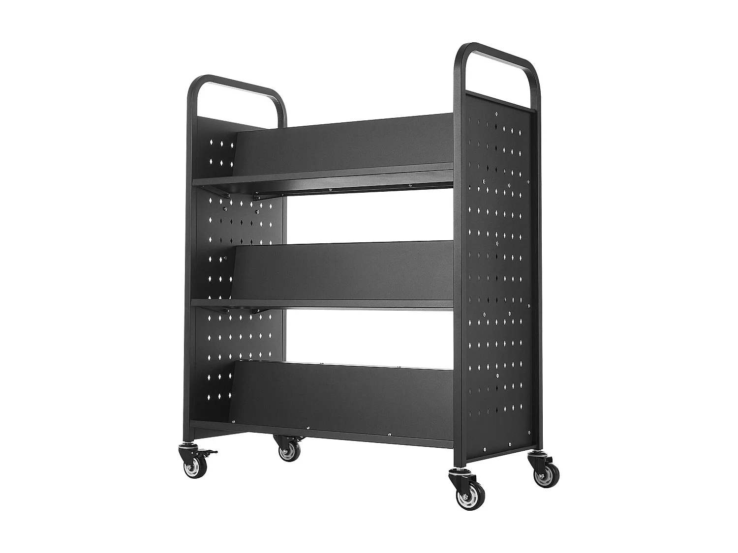 Boekenwagen SucceBuy, Laadvermogen 150 kg, 97x51,5x122,5 cm, Boeken Opbergplank Dubbele Zijde in W met Wieltjes Dubbele Rem, Zwart