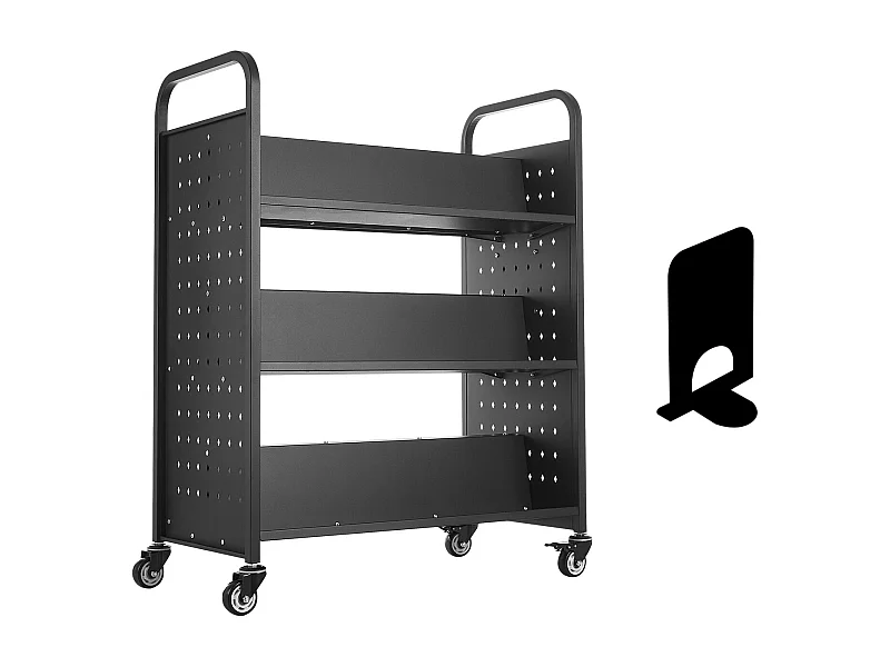 Boekenwagen SucceBuy, Laadvermogen 150 kg, 97x51,5x122,5 cm, Boeken Opbergplank Dubbele Zijde in W met Wieltjes Dubbele Rem, Zwart