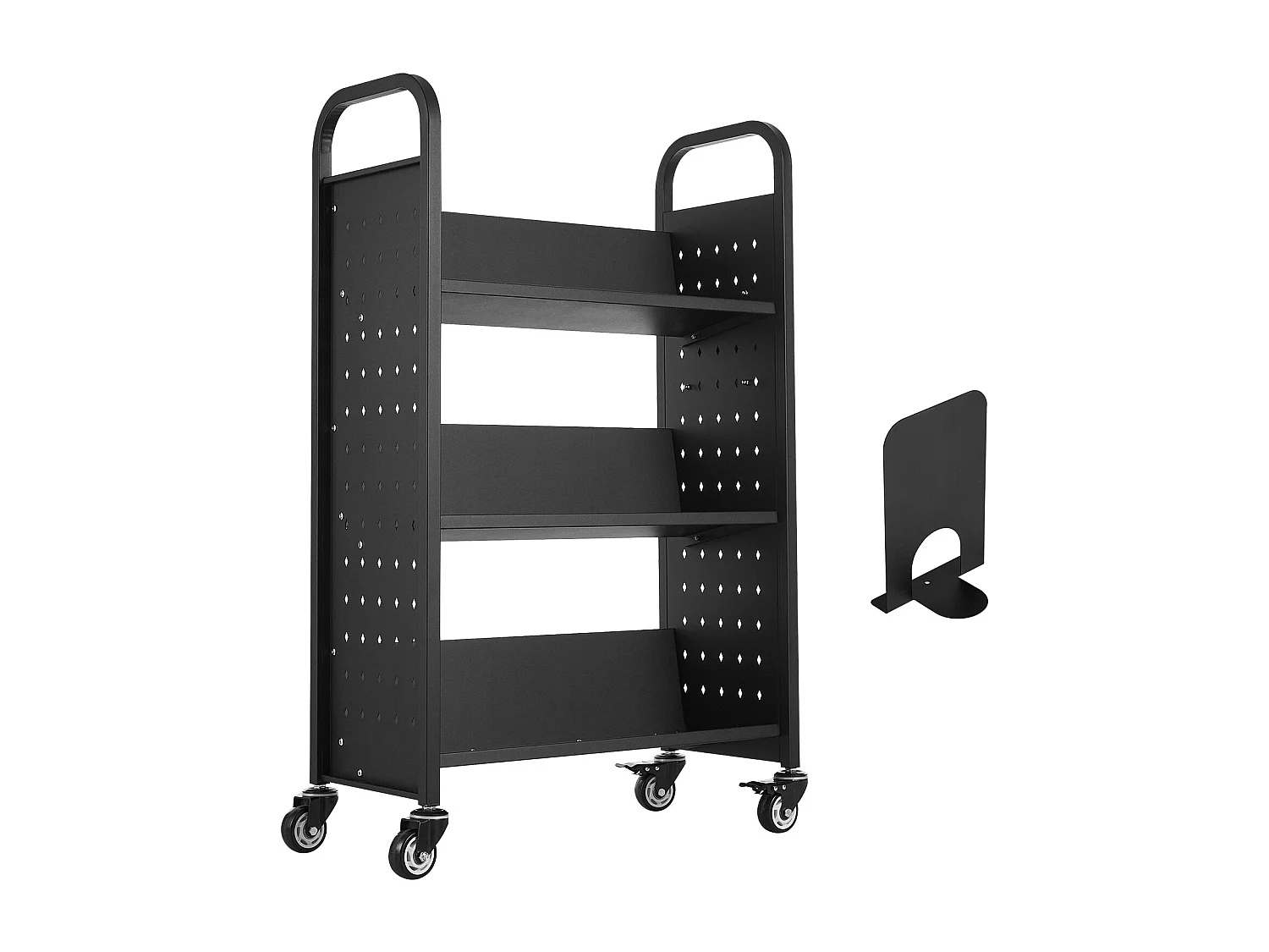 Boekenwagen SucceBuy, Laadvermogen 150 kg, 77 x 38 x 122 cm, Boeken Opbergplank Enkele Zijde in V, voor Woonkamer, Kantoor, School, Zwart