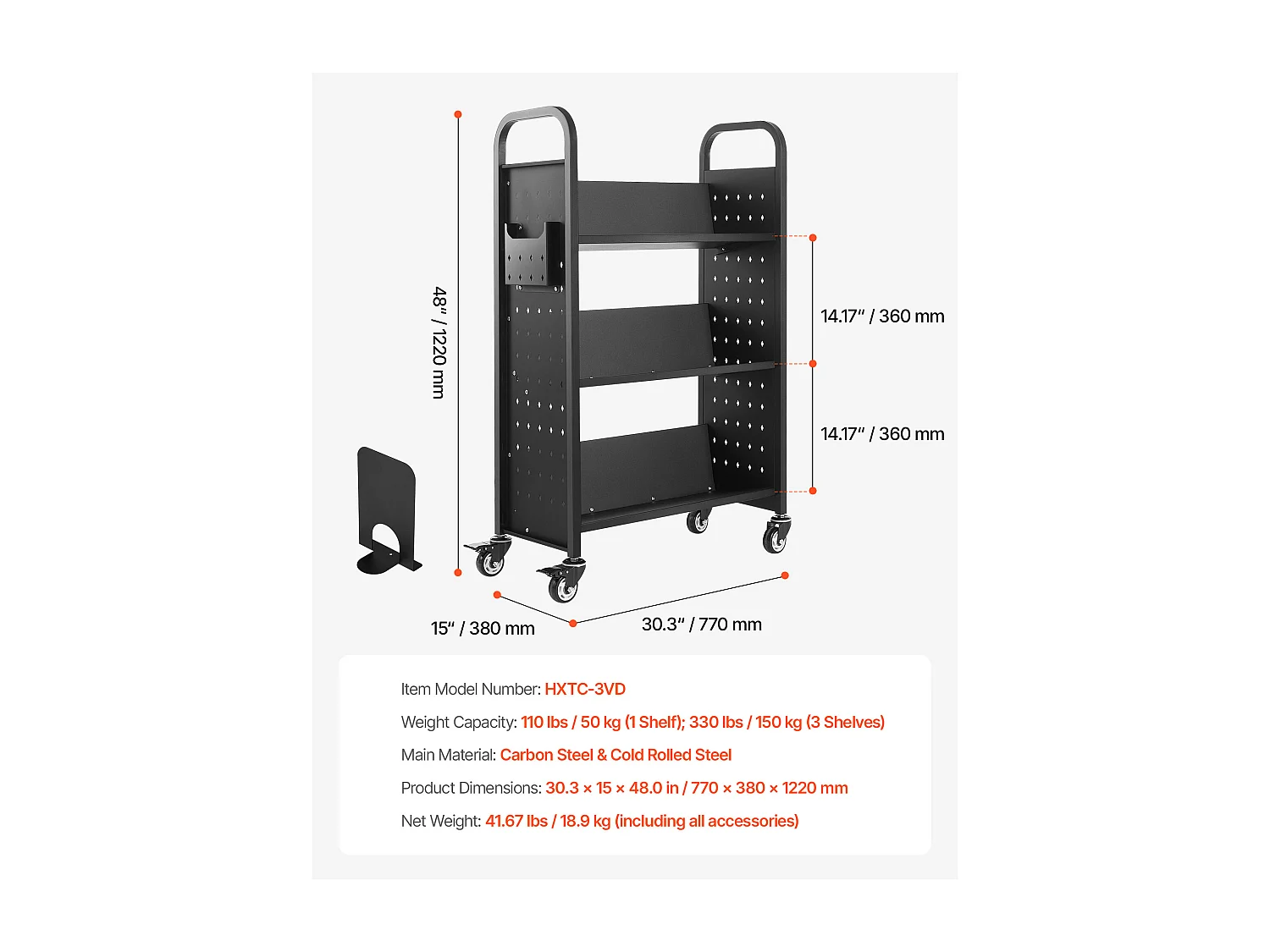 Boekenwagen SucceBuy, Laadvermogen 150 kg, 77 x 38 x 122 cm, Boeken Opbergplank Enkele Zijde in V, voor Woonkamer, Kantoor, School, Zwart