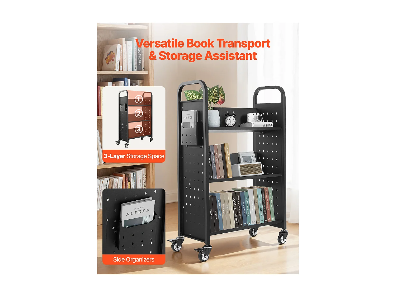 Boekenwagen SucceBuy, Laadvermogen 150 kg, 77 x 38 x 122 cm, Boeken Opbergplank Enkele Zijde in V, voor Woonkamer, Kantoor, School, Zwart