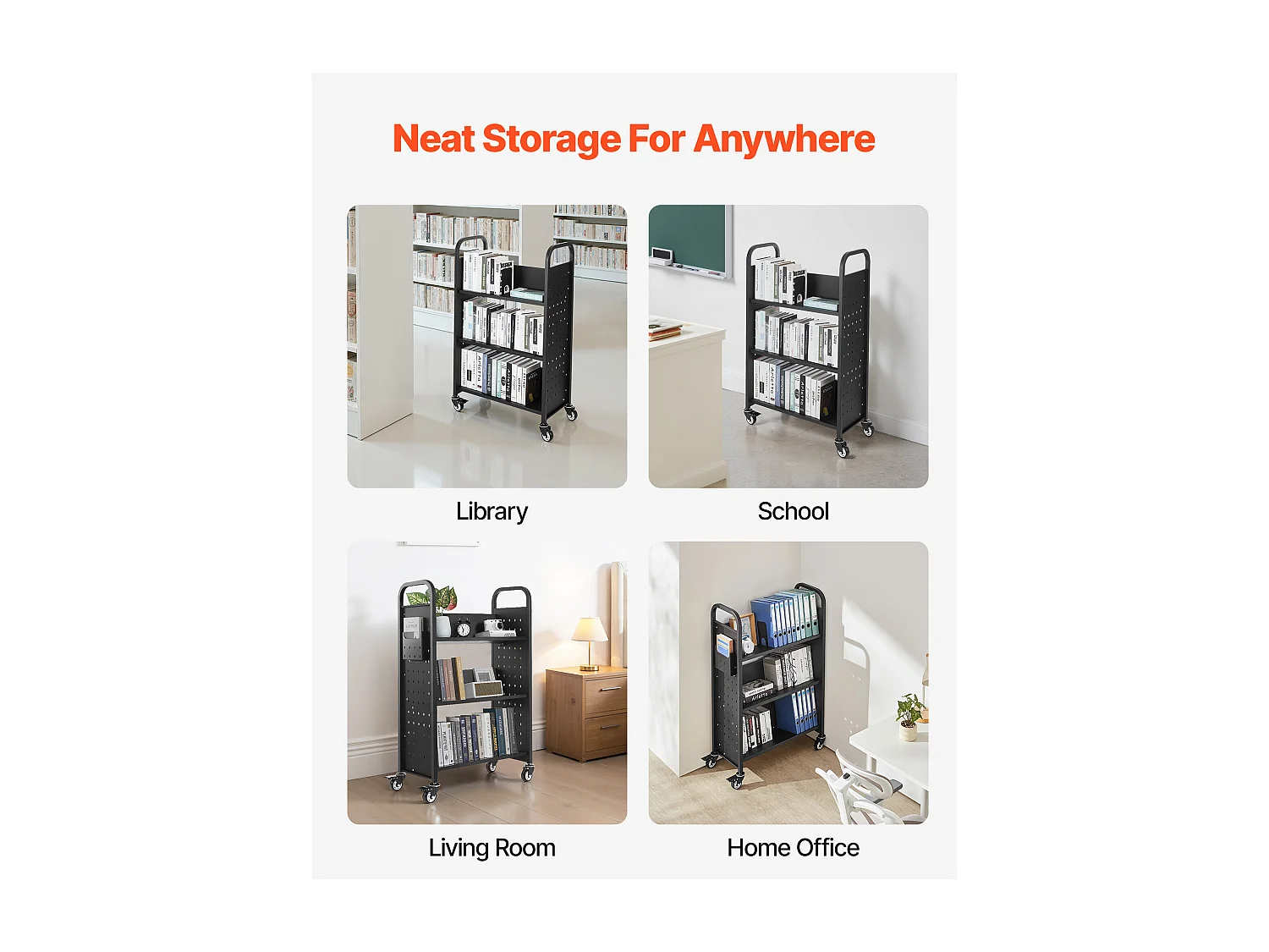 Boekenwagen SucceBuy, Laadvermogen 150 kg, 77 x 38 x 122 cm, Boeken Opbergplank Enkele Zijde in V, voor Woonkamer, Kantoor, School, Zwart