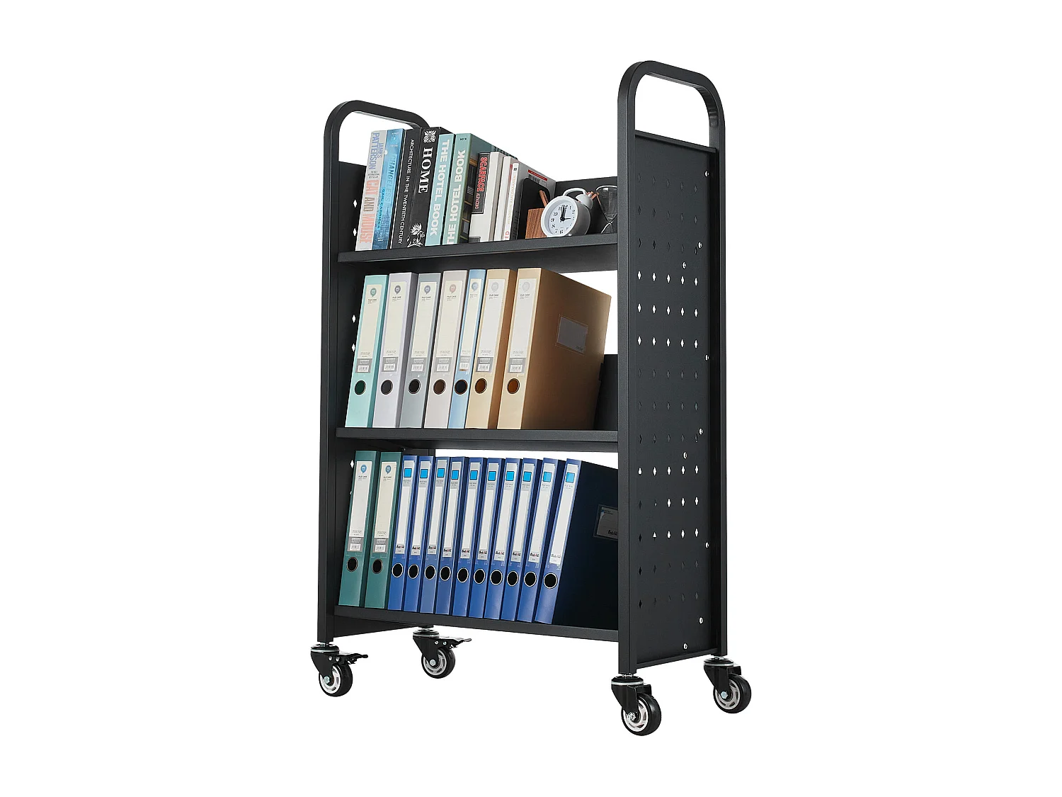 Boekenwagen SucceBuy, Laadvermogen 150 kg, 77 x 38 x 122 cm, Boeken Opbergplank Enkele Zijde in V, voor Woonkamer, Kantoor, School, Zwart