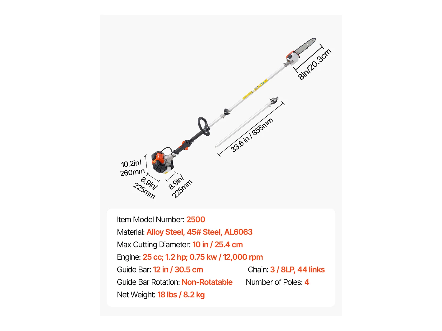 Élagueuse Thermique SucceBuy sur Perche à 2 Temps, 25 cc, Élagueuse sans Fil à Essence, avec Perche Extensible 2 m - 2,74 m, Guide-chaîne 20,3 cm