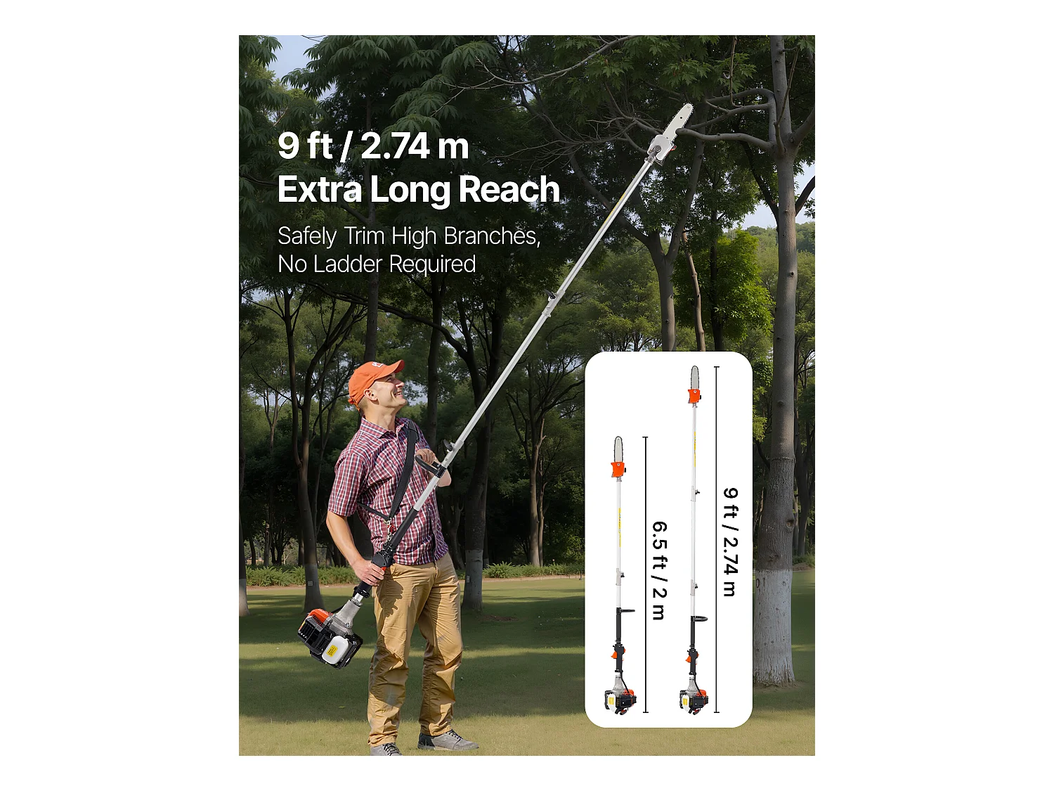 Élagueuse Thermique SucceBuy sur Perche à 2 Temps, 25 cc, Élagueuse sans Fil à Essence, avec Perche Extensible 2 m - 2,74 m, Guide-chaîne 20,3 cm