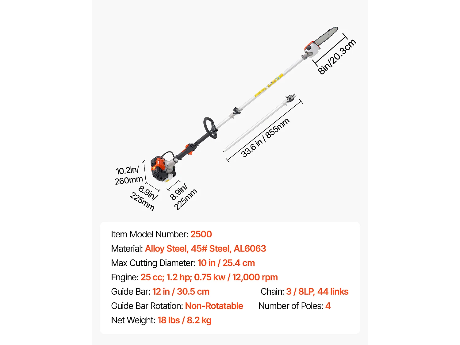 Élagueuse Thermique SucceBuy sur Perche à 2 Temps, 25 cc, Élagueuse sans Fil à Essence, avec Perche Extensible 2 m - 2,74 m, Guide-chaîne 20,3 cm