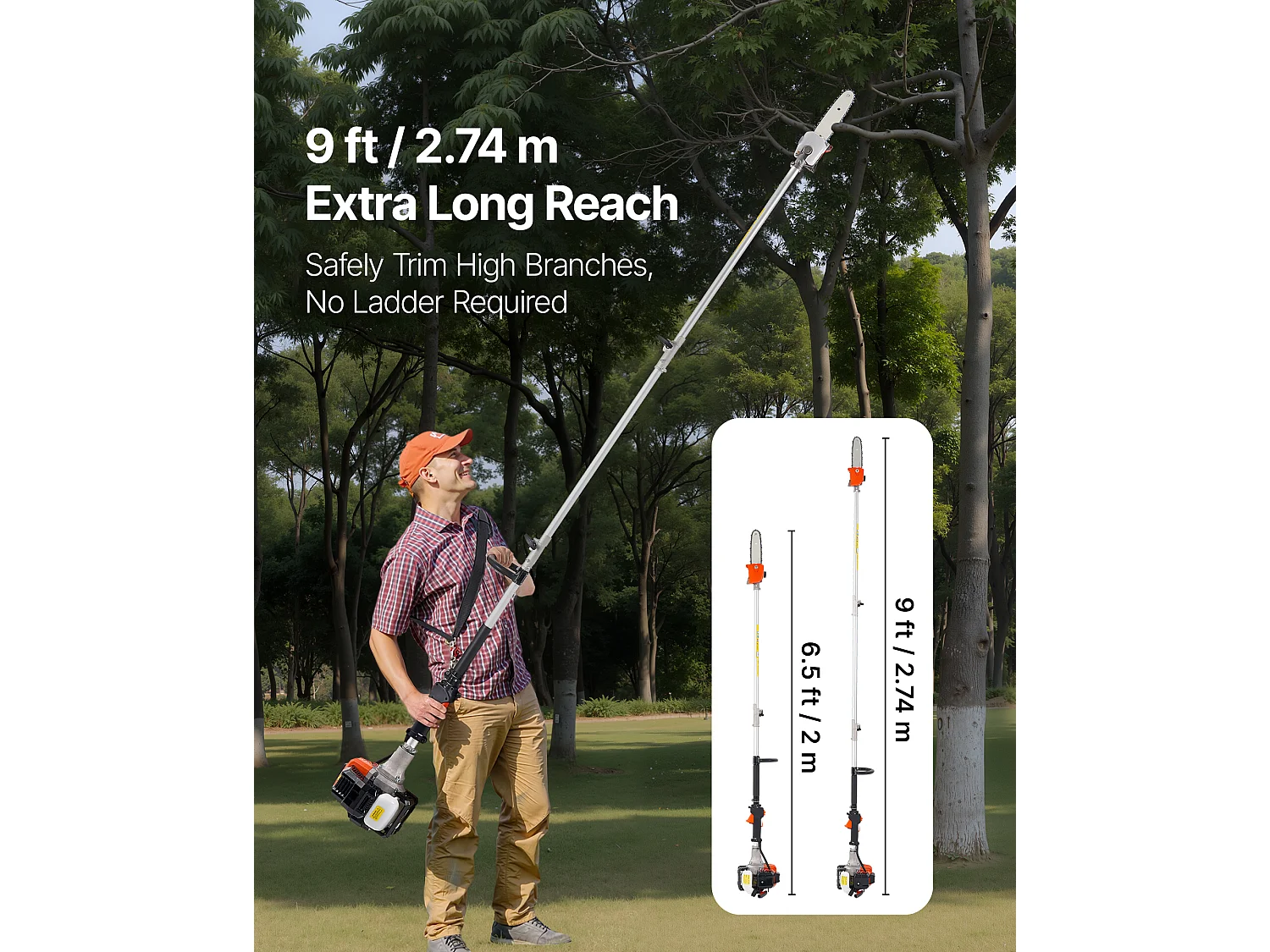 Élagueuse Thermique SucceBuy sur Perche à 2 Temps, 25 cc, Élagueuse sans Fil à Essence, avec Perche Extensible 2 m - 2,74 m, Guide-chaîne 20,3 cm