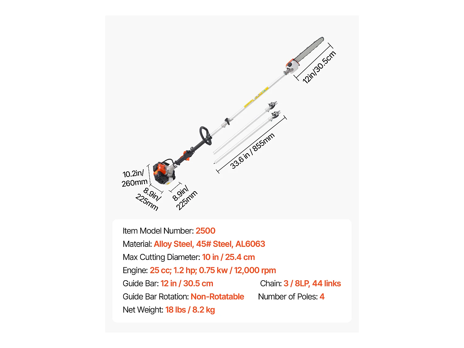 Élagueuse Thermique SucceBuy sur Perche à 2 Temps, 25 cc, Élagueuse sans Fil à Essence, avec Perche Extensible 2,12-3,62 m, Guide-chaîne 30,5 cm