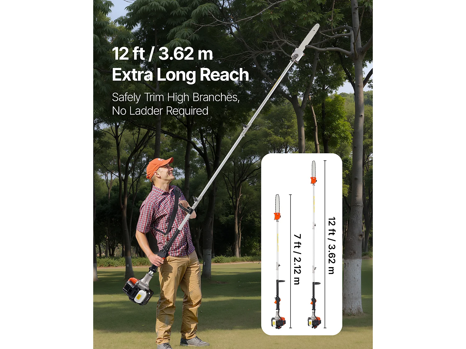 Élagueuse Thermique SucceBuy sur Perche à 2 Temps, 25 cc, Élagueuse sans Fil à Essence, avec Perche Extensible 2,12-3,62 m, Guide-chaîne 30,5 cm