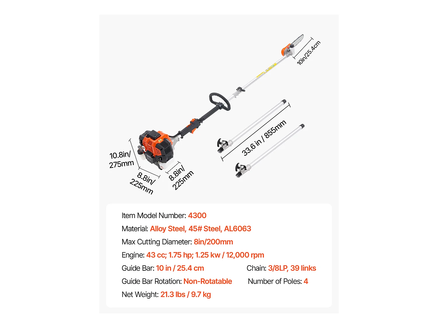 Élagueuse Thermique SucceBuy sur Perche 2 Temps 43 cc, Élagueuse sans Fil Essence, avec Tête Rotative, Perche Extensible 2,11-3,61 m, Guide-chaîne 25,4 cm