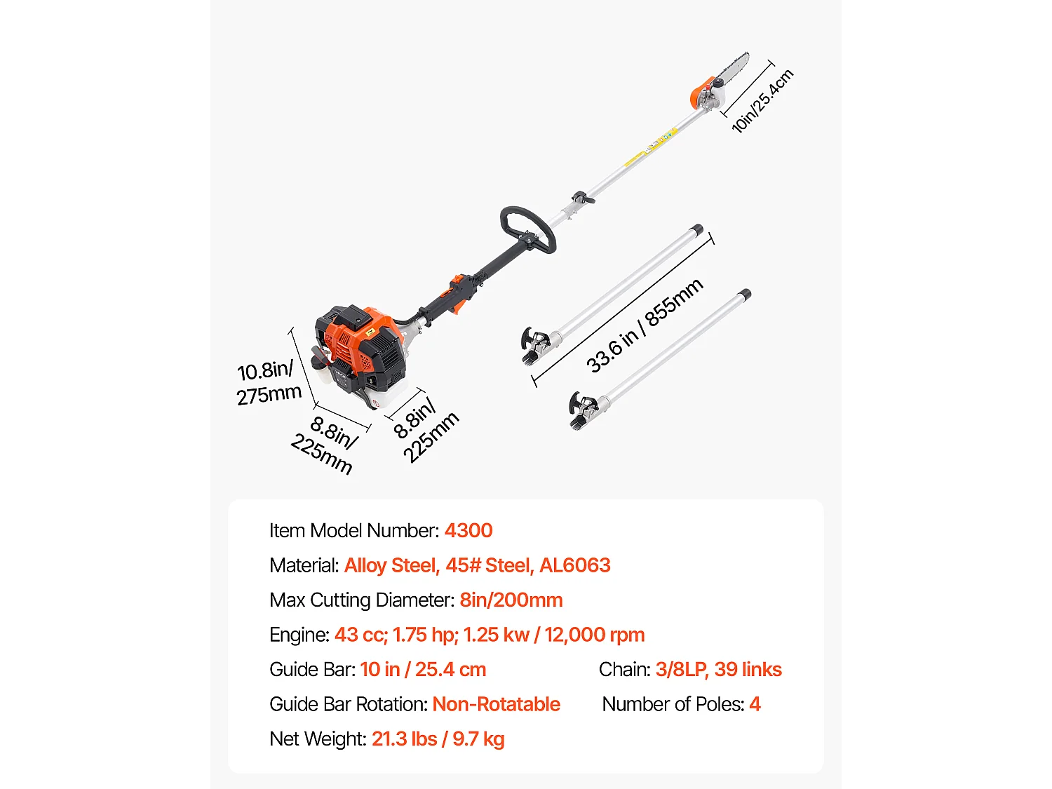 Teleskop-Motorsäge SucceBuy 2-Takt 43 cc, Kabellose Benzin-Motorsäge, mit Drehkopf, Teleskopstange 2,11-3,61 m, Schwertlänge 25,4 cm