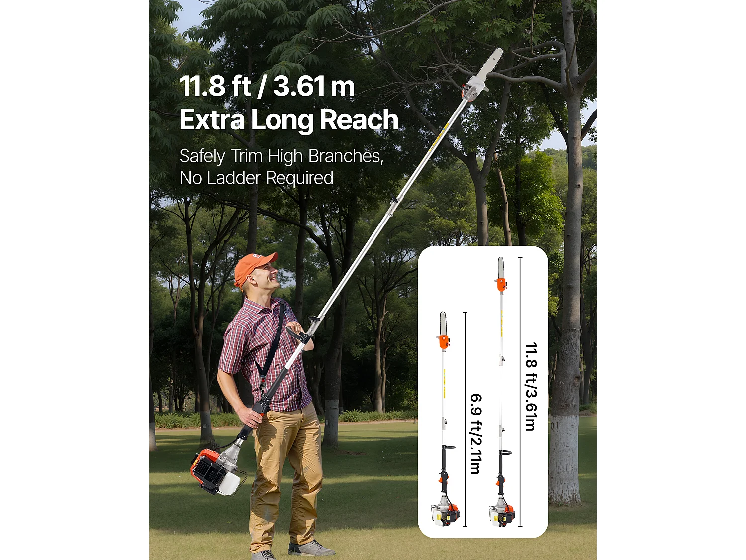 Teleskop-Motorsäge SucceBuy 2-Takt 43 cc, Kabellose Benzin-Motorsäge, mit Drehkopf, Teleskopstange 2,11-3,61 m, Schwertlänge 25,4 cm