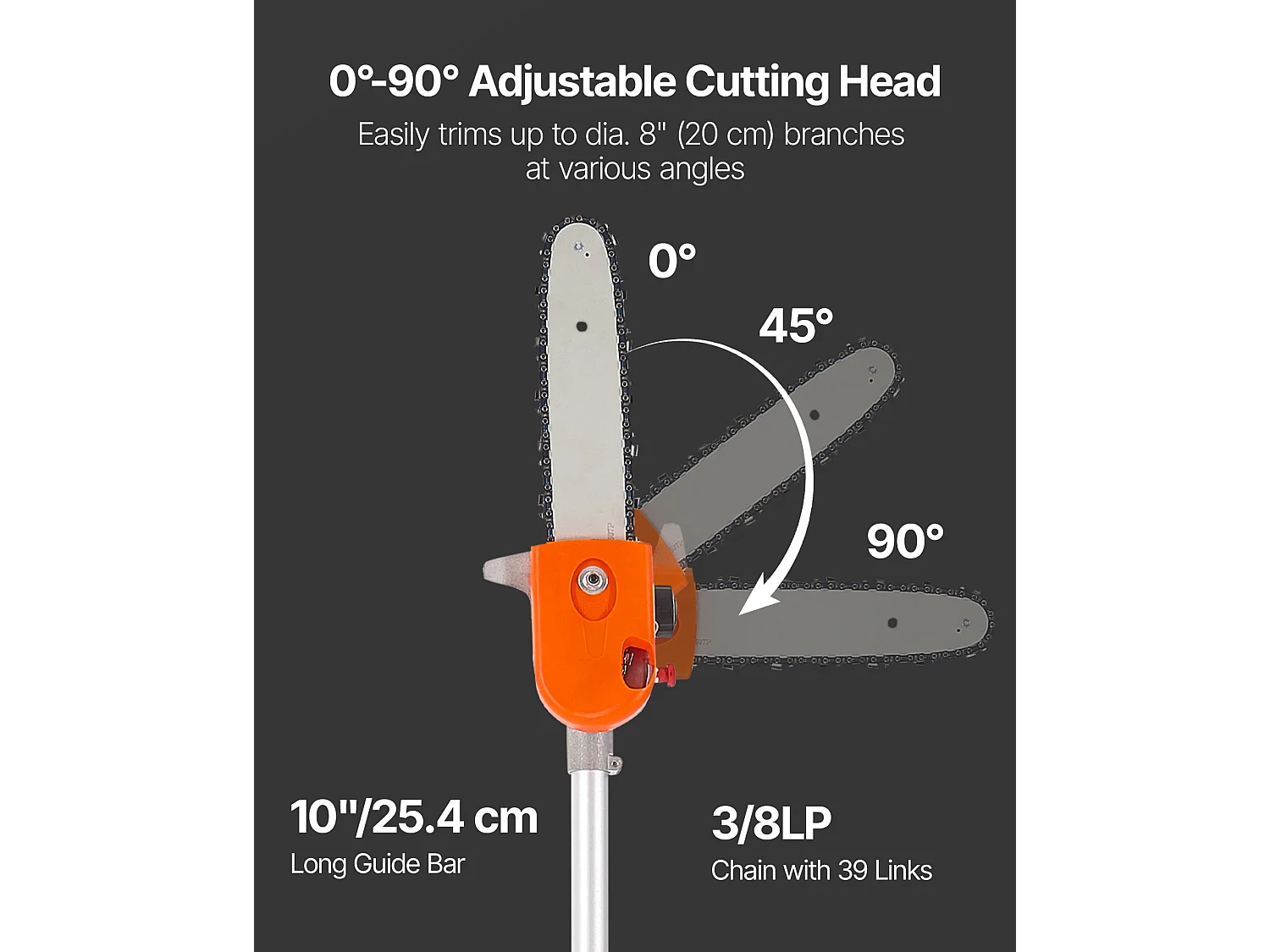 Teleskop-Motorsäge SucceBuy 2-Takt 43 cc, Kabellose Benzin-Motorsäge, mit Drehkopf, Teleskopstange 2,11-3,61 m, Schwertlänge 25,4 cm