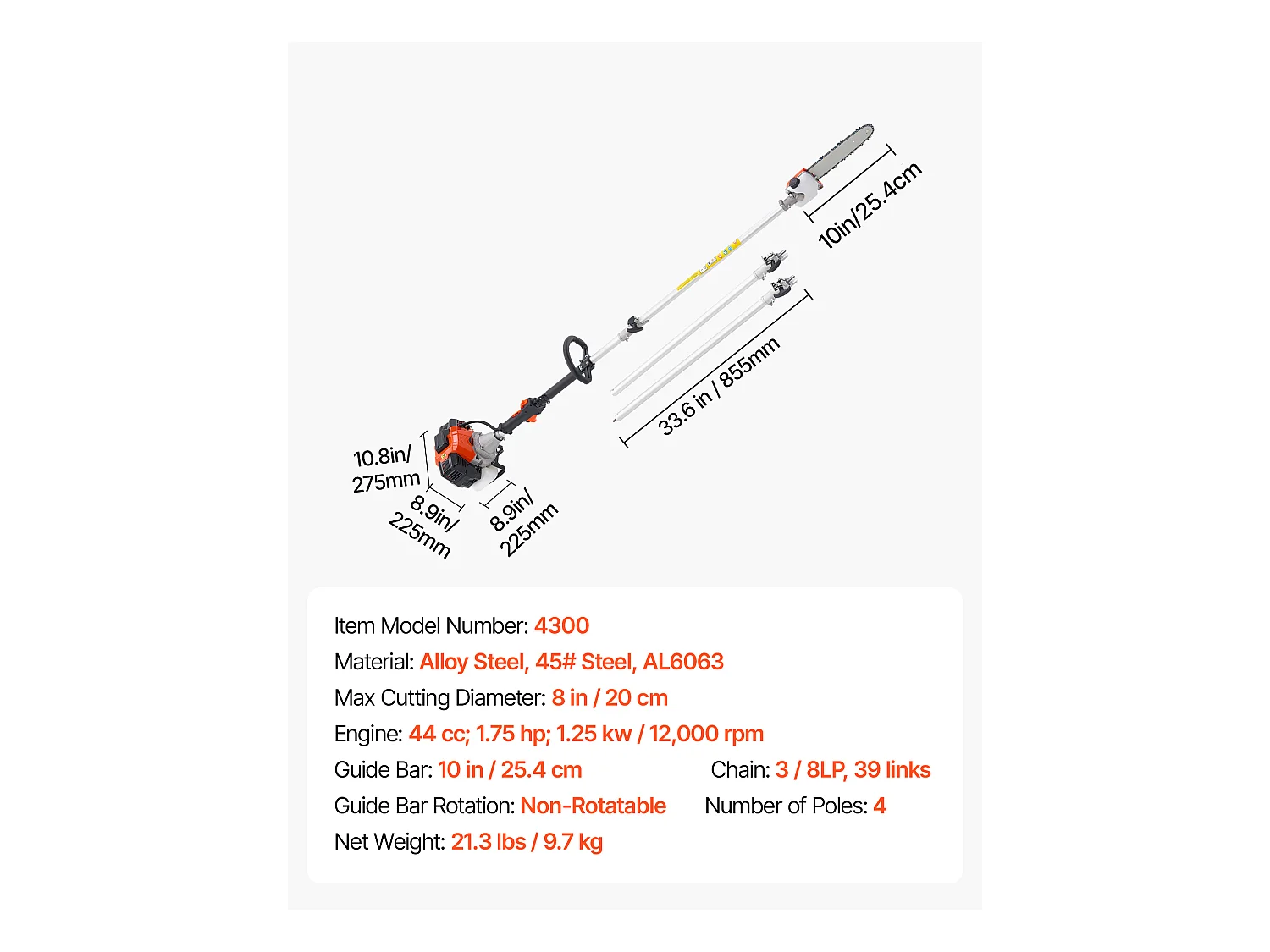 Élagueuse Thermique SucceBuy sur Perche à 2 Temps, 43 cc, Élagueuse sans Fil à Essence, avec Perche Extensible 2,08-3,58 m, Guide-chaîne 25,4 cm