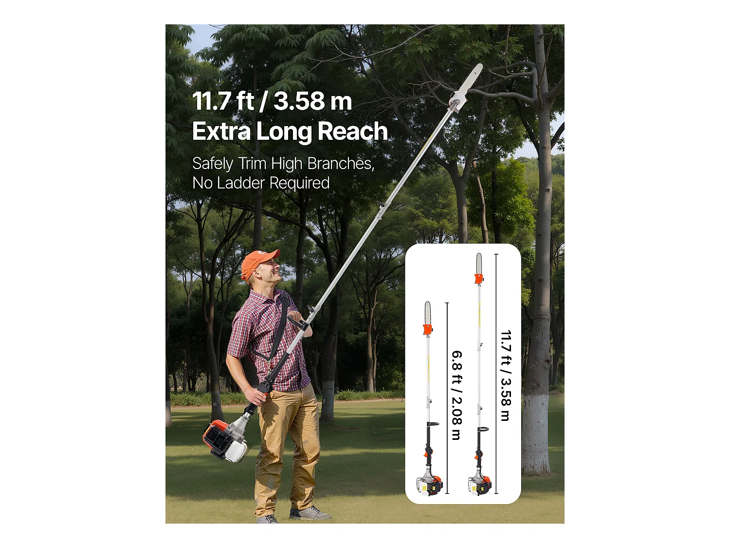 Élagueuse Thermique SucceBuy sur Perche à 2 Temps, 43 cc, Élagueuse sans Fil à Essence, avec Perche Extensible 2,08-3,58 m, Guide-chaîne 25,4 cm
