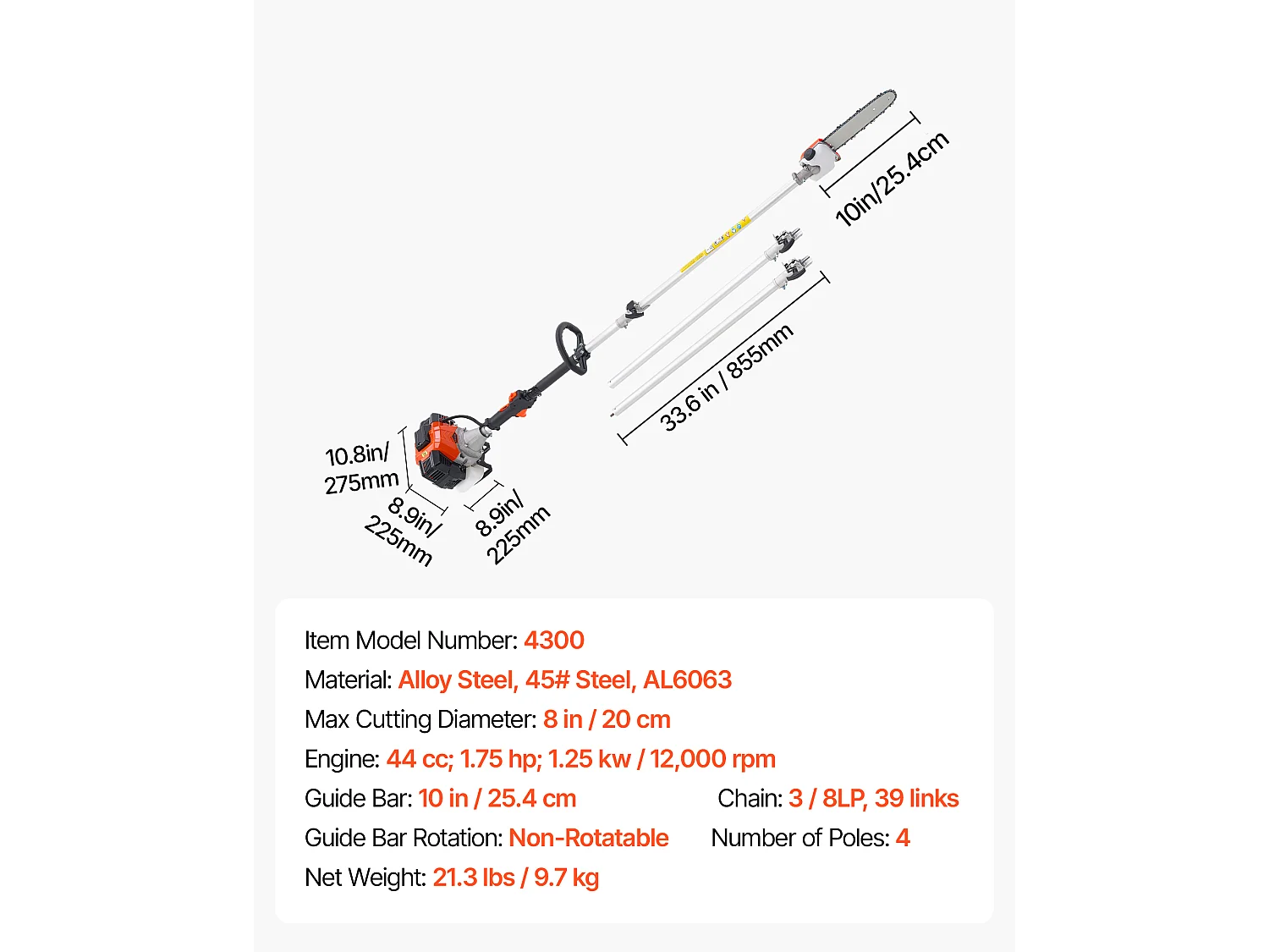 Élagueuse Thermique SucceBuy sur Perche à 2 Temps, 43 cc, Élagueuse sans Fil à Essence, avec Perche Extensible 2,08-3,58 m, Guide-chaîne 25,4 cm