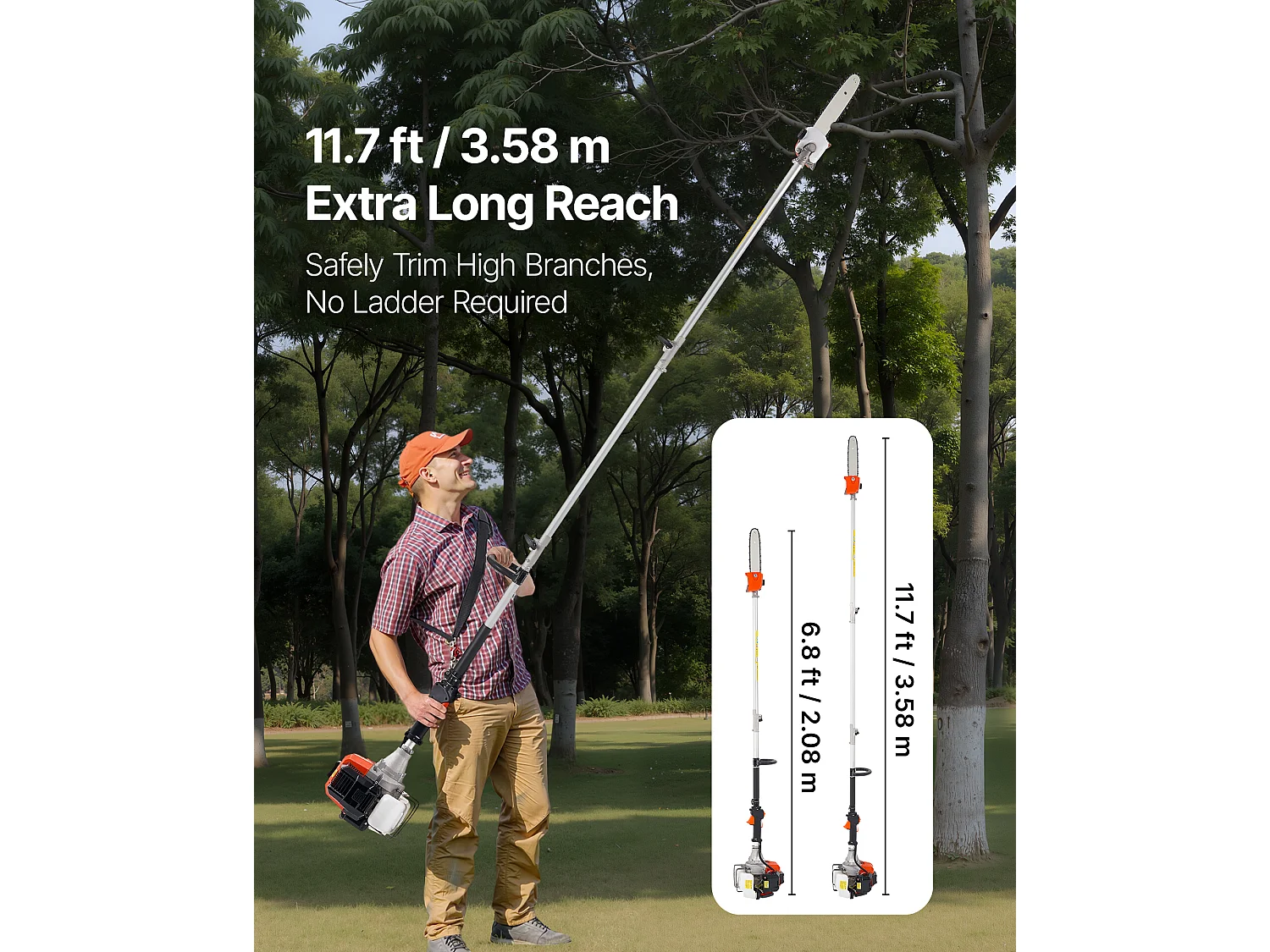 Élagueuse Thermique SucceBuy sur Perche à 2 Temps, 43 cc, Élagueuse sans Fil à Essence, avec Perche Extensible 2,08-3,58 m, Guide-chaîne 25,4 cm