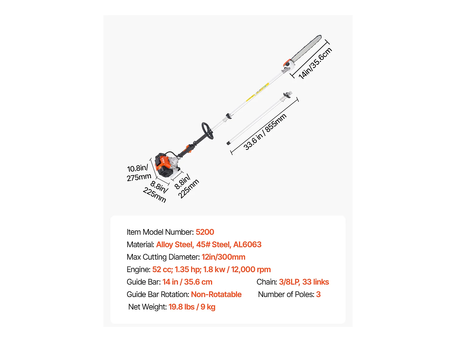 Élagueuse Thermique SucceBuy sur Perche à 2 Temps, 52 cc, Élagueuse sans Fil à Essence, avec Perche Extensible 2,2 m-2,94 m, Guide-chaîne 35,6 cm