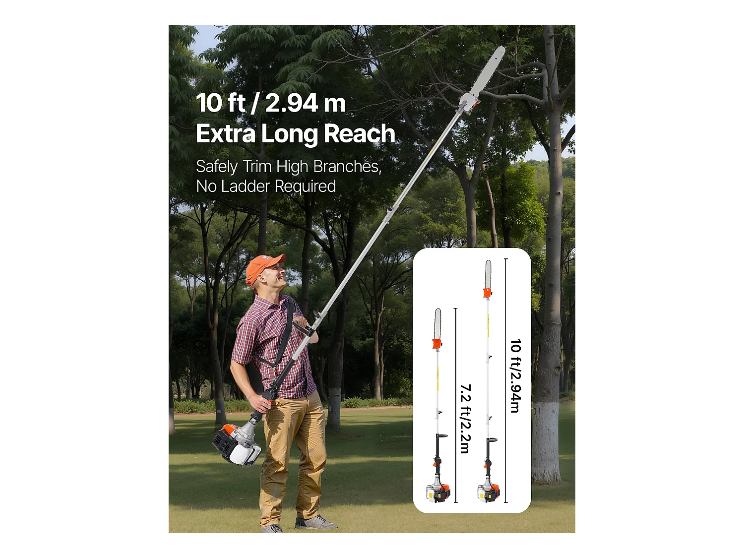 Élagueuse Thermique SucceBuy sur Perche à 2 Temps, 52 cc, Élagueuse sans Fil à Essence, avec Perche Extensible 2,2 m-2,94 m, Guide-chaîne 35,6 cm