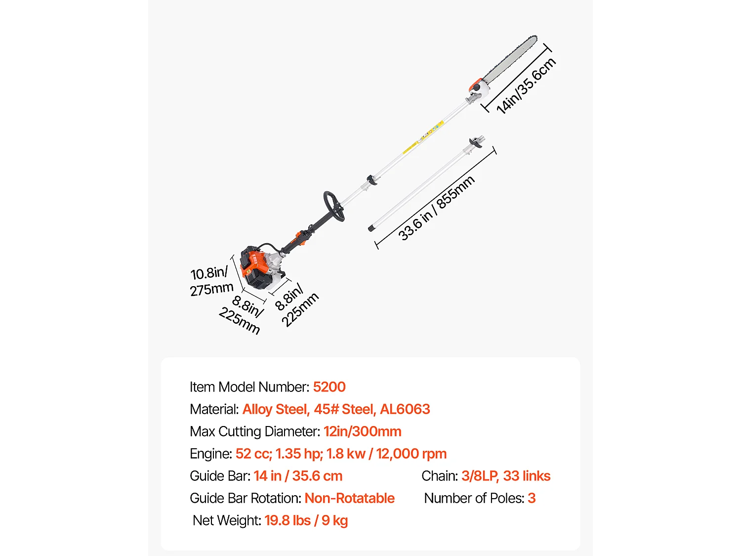 Teleskop-Motorsäge SucceBuy 2-Takt, 52 cc, Kabellose Benzin-Motorsäge, mit Teleskopstange 2,2 m-2,94 m, Schwertlänge 35,6 cm