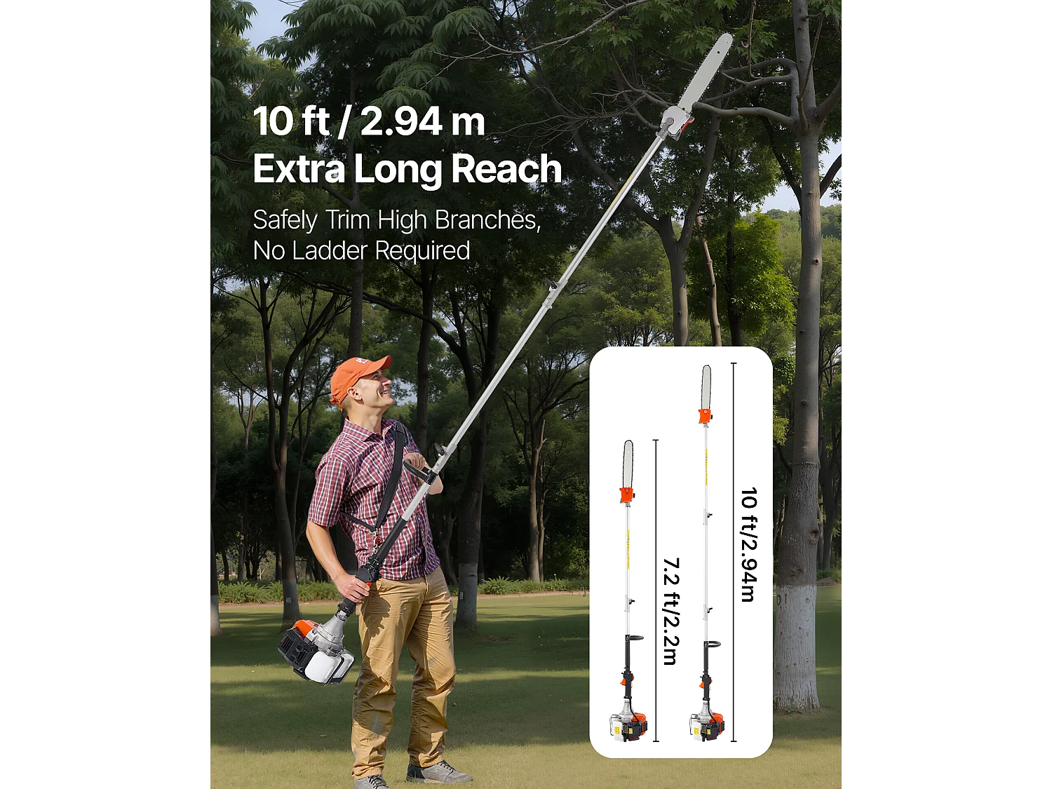 Teleskop-Motorsäge SucceBuy 2-Takt, 52 cc, Kabellose Benzin-Motorsäge, mit Teleskopstange 2,2 m-2,94 m, Schwertlänge 35,6 cm