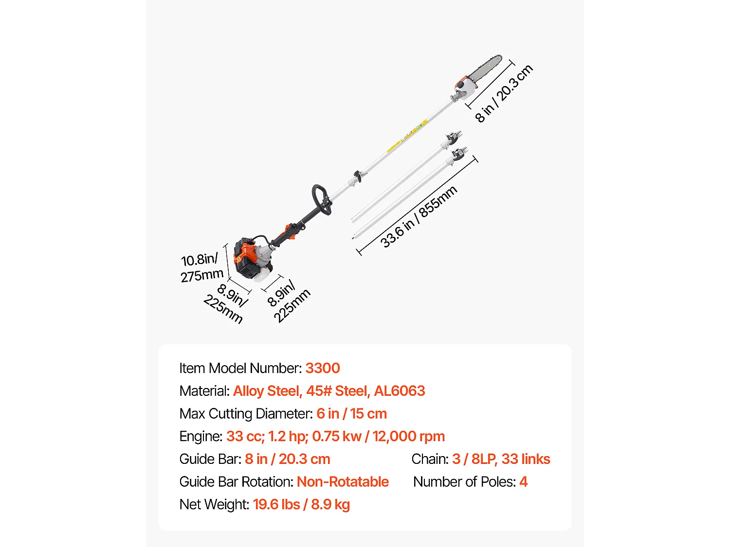 Élagueuse Thermique SucceBuy sur Perche à 2 Temps, 33 cc, Élagueuse sans Fil à Essence, avec Perche Extensible 2,04-3,54 m, Guide-chaîne 20,3 cm