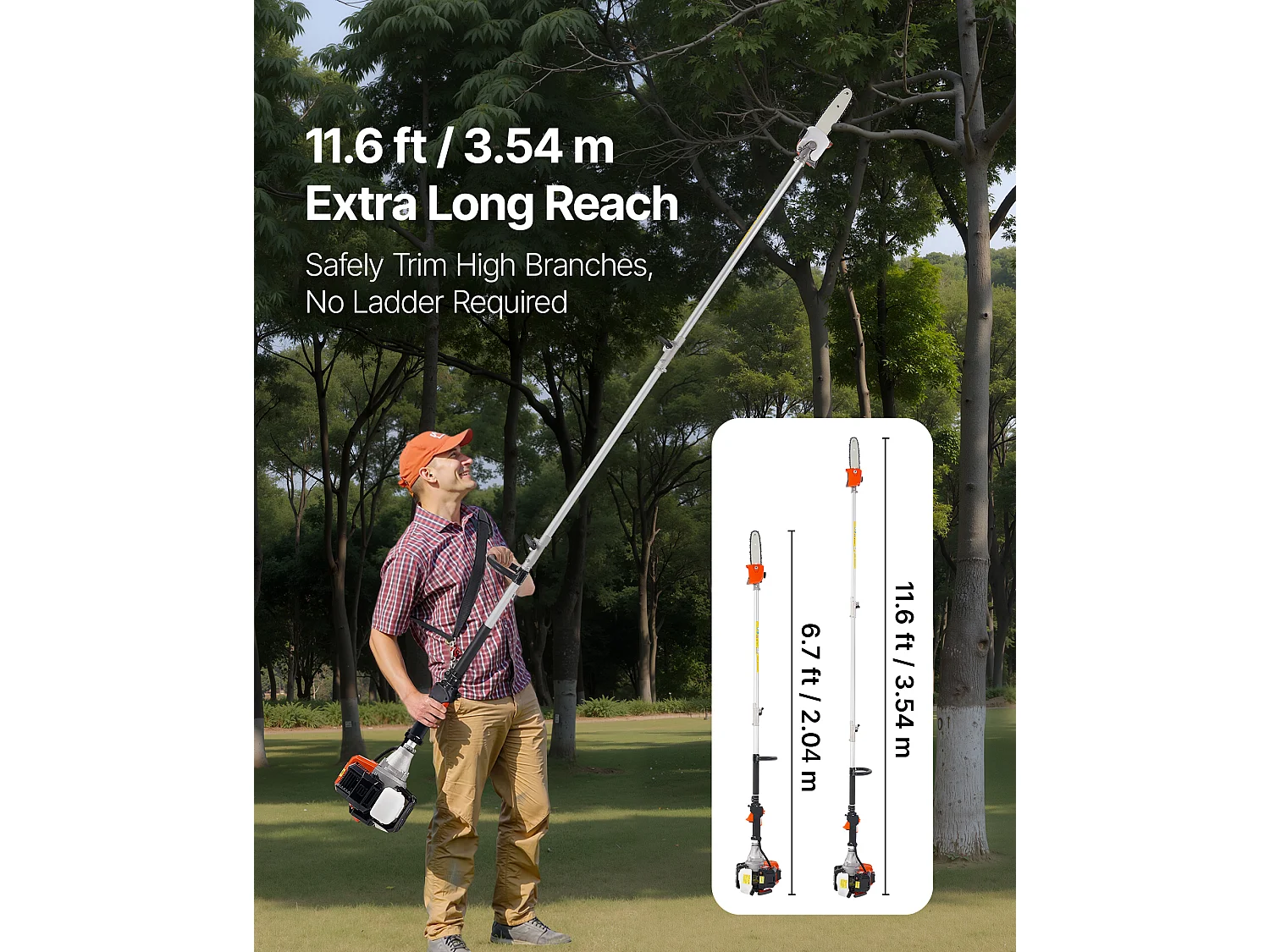 Élagueuse Thermique SucceBuy sur Perche à 2 Temps, 33 cc, Élagueuse sans Fil à Essence, avec Perche Extensible 2,04-3,54 m, Guide-chaîne 20,3 cm