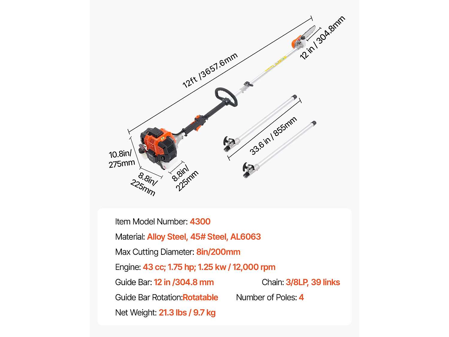Pilarka na Wysięgniku Termiczna SucceBuy 2-Suwowa 43 cc, Bezprzewodowa Pilarka Benzynowa, z Obrrotową Głowicą, Wysięgnik Teleskopowy 2,16-3,66 m, Ostrze 25,4 cm
