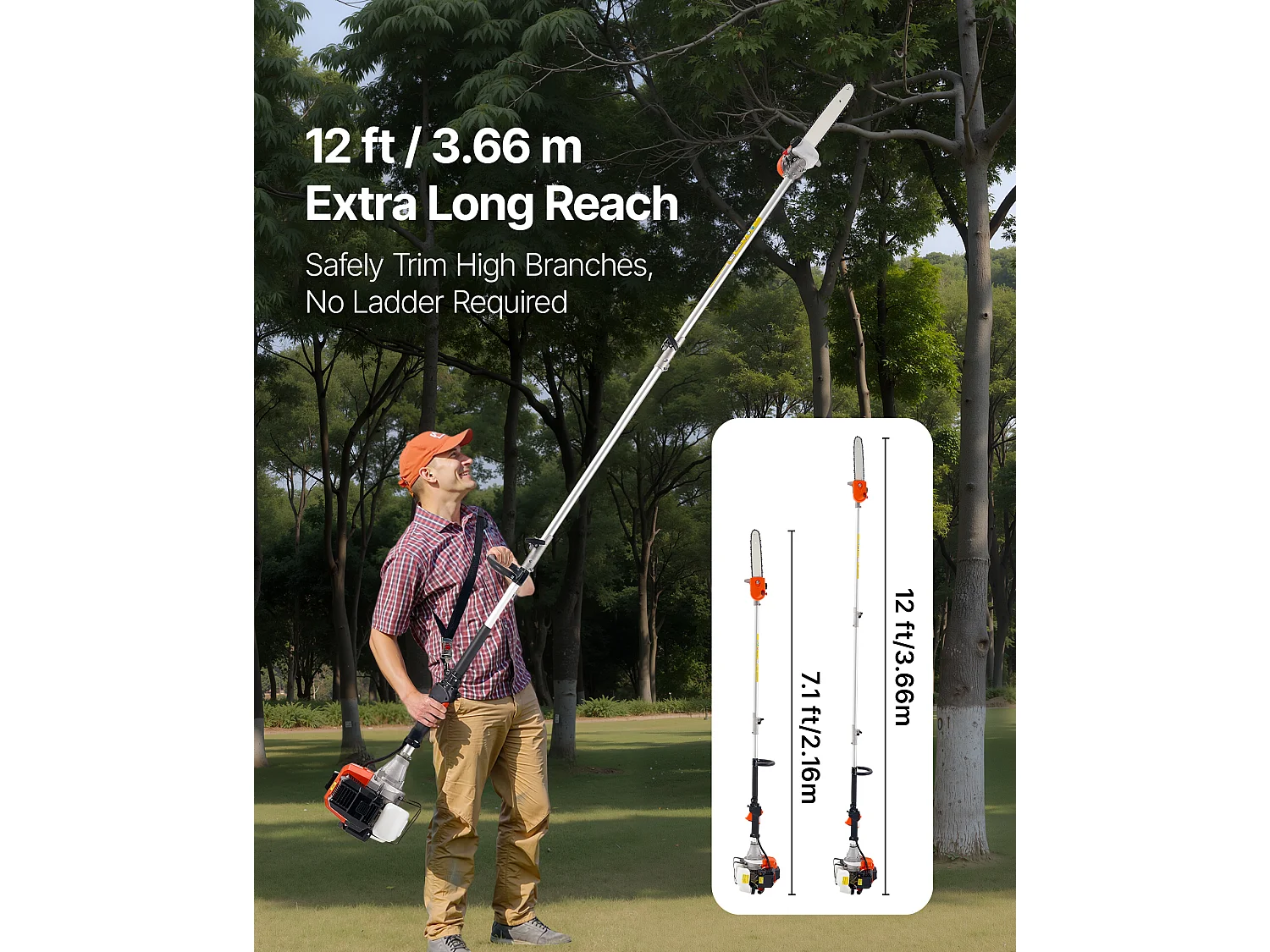 Pilarka na Wysięgniku Termiczna SucceBuy 2-Suwowa 43 cc, Bezprzewodowa Pilarka Benzynowa, z Obrrotową Głowicą, Wysięgnik Teleskopowy 2,16-3,66 m, Ostrze 25,4 cm