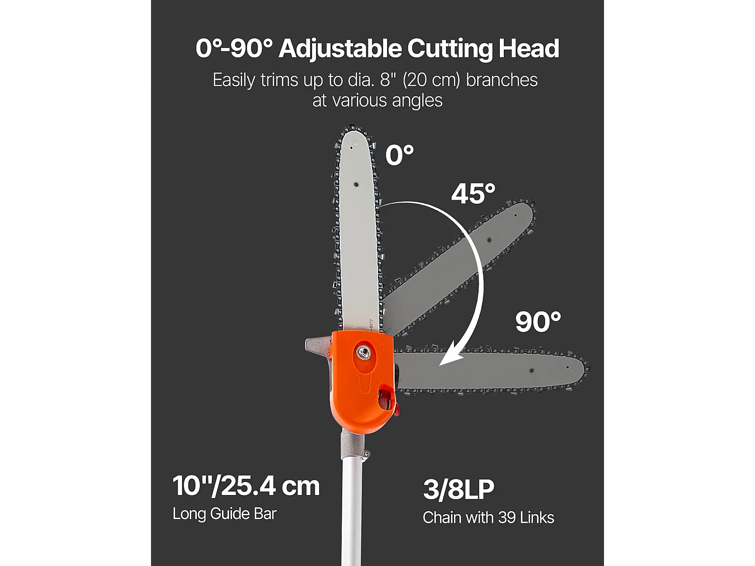 Pilarka na Wysięgniku Termiczna SucceBuy 2-Suwowa 43 cc, Bezprzewodowa Pilarka Benzynowa, z Obrrotową Głowicą, Wysięgnik Teleskopowy 2,16-3,66 m, Ostrze 25,4 cm