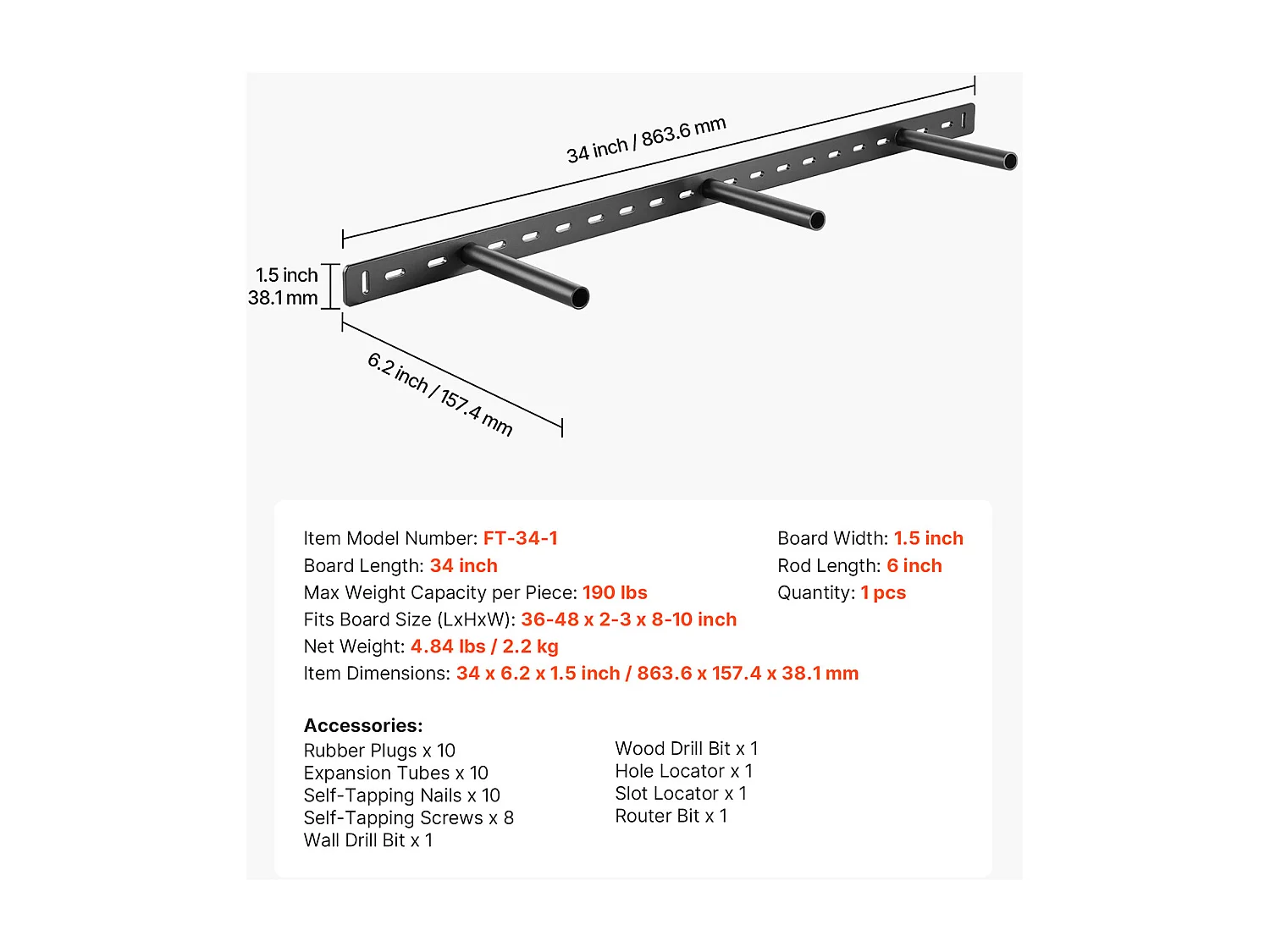 Ondersteuning voor Zwevende Plank SucceBuy, 86.36x15.74x3.81 cm, Onzichtbare Robuuste Wandplank Drager, Draagvermogen 86 kg, met Accessoires
