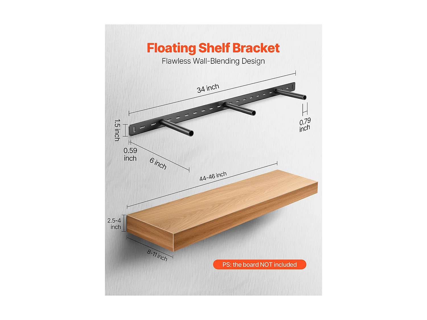 Ondersteuning voor Zwevende Plank SucceBuy, 86.36x15.74x3.81 cm, Onzichtbare Robuuste Wandplank Drager, Draagvermogen 86 kg, met Accessoires