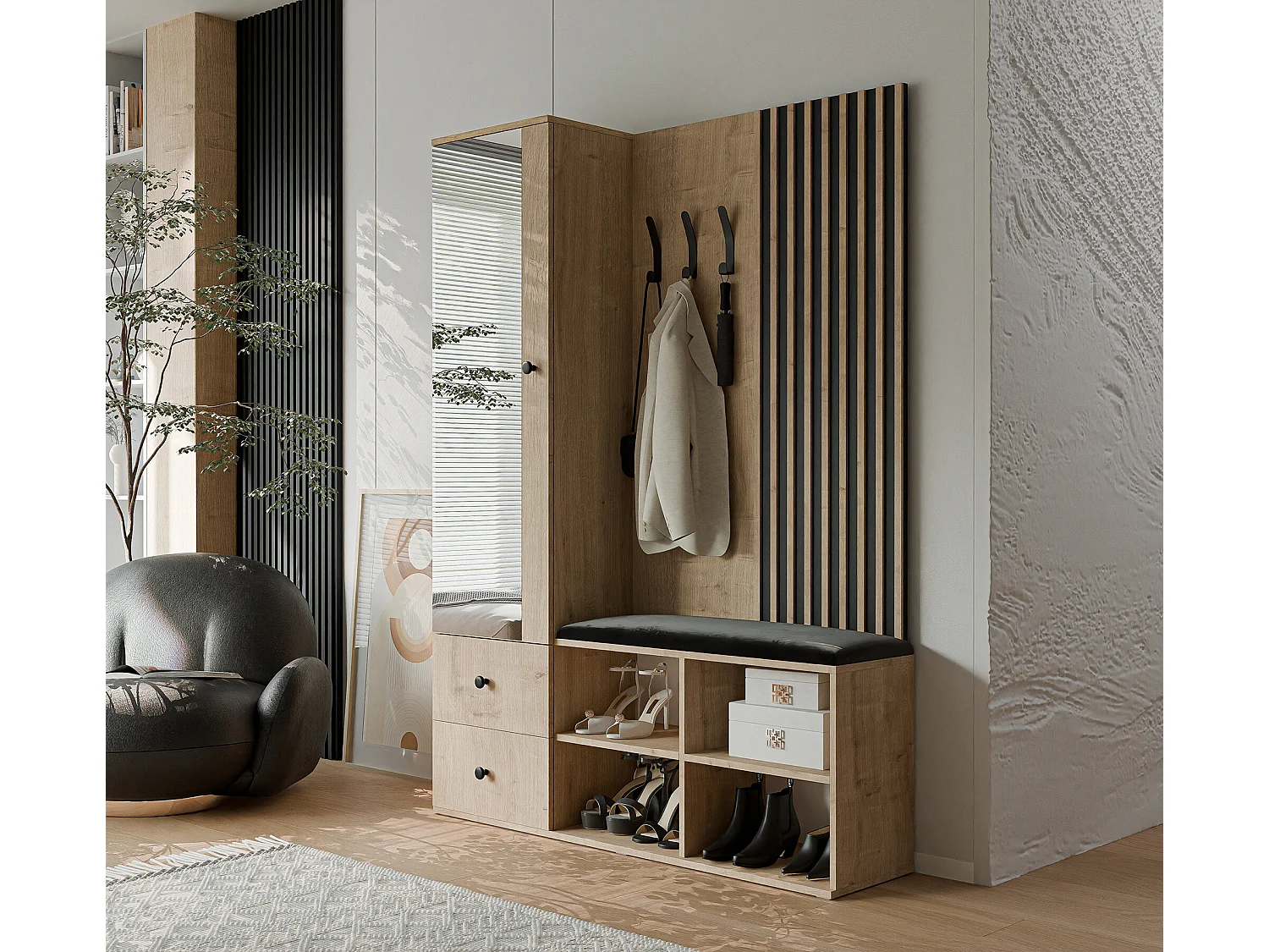 Vestiaire avec 1 porte, 2 tiroirs et 1 miroir, chêne artisanal