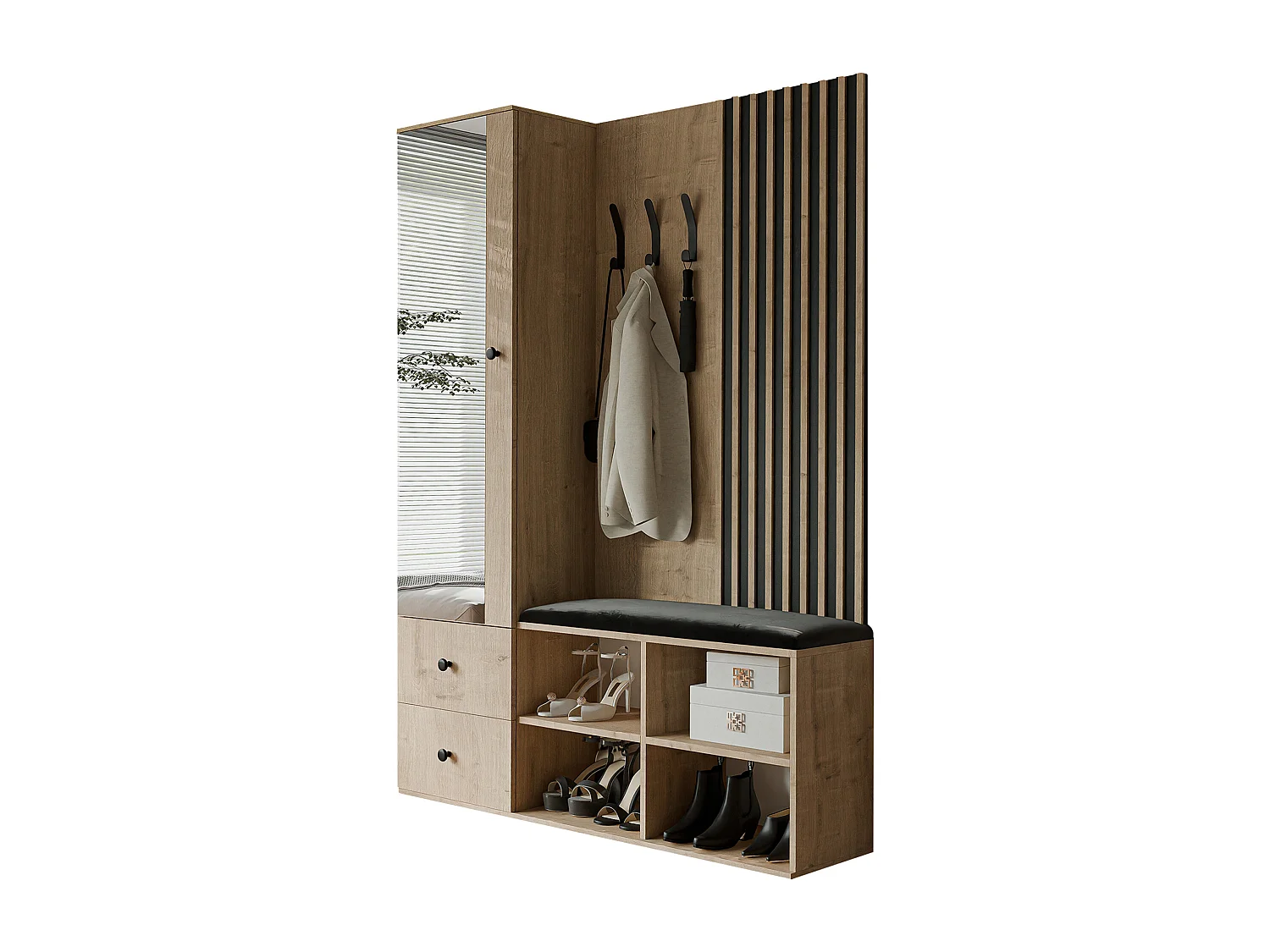 Vestiaire avec 1 porte, 2 tiroirs et 1 miroir, chêne artisanal