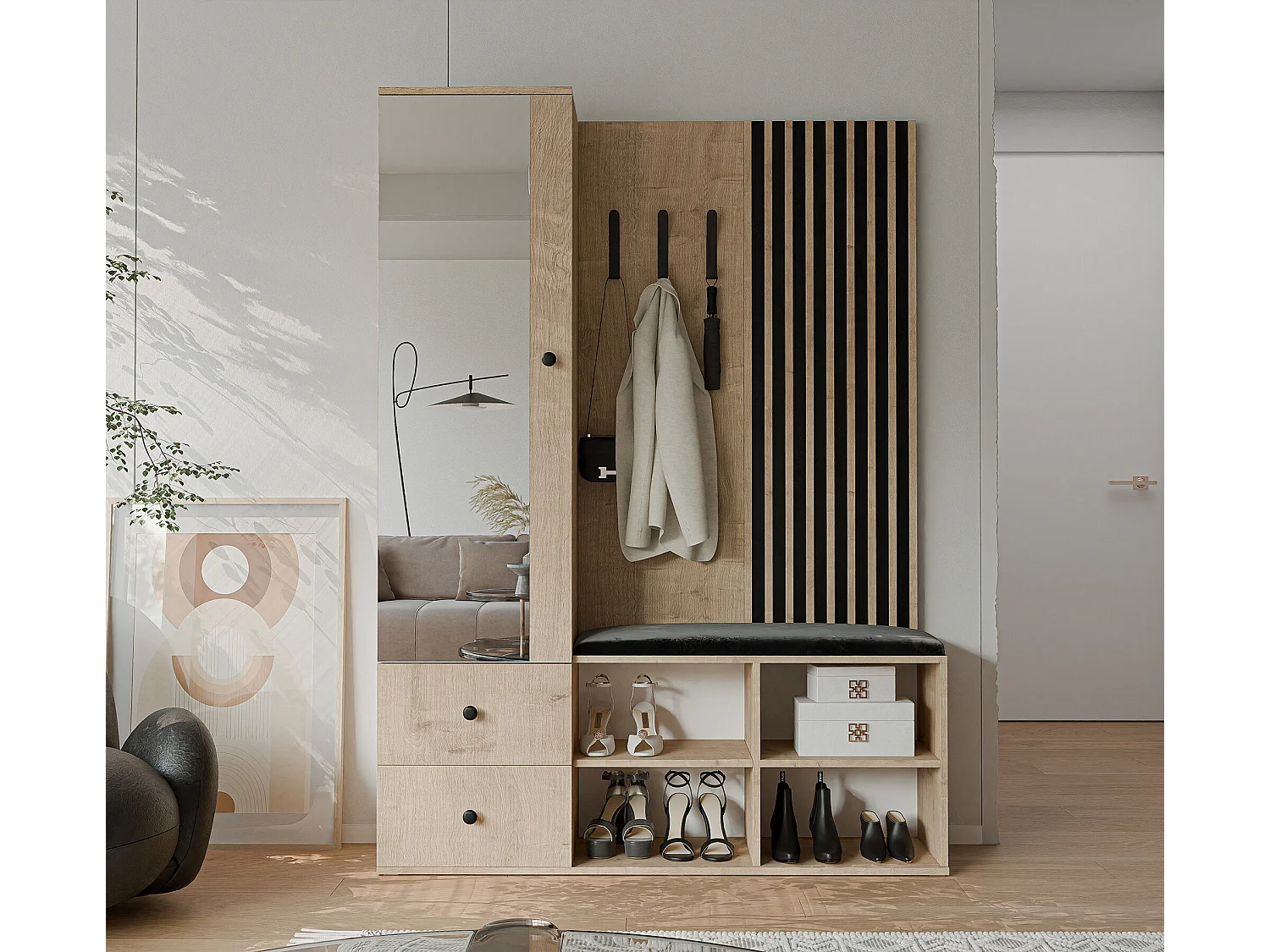 Vestiaire avec 1 porte, 2 tiroirs et 1 miroir, chêne artisanal