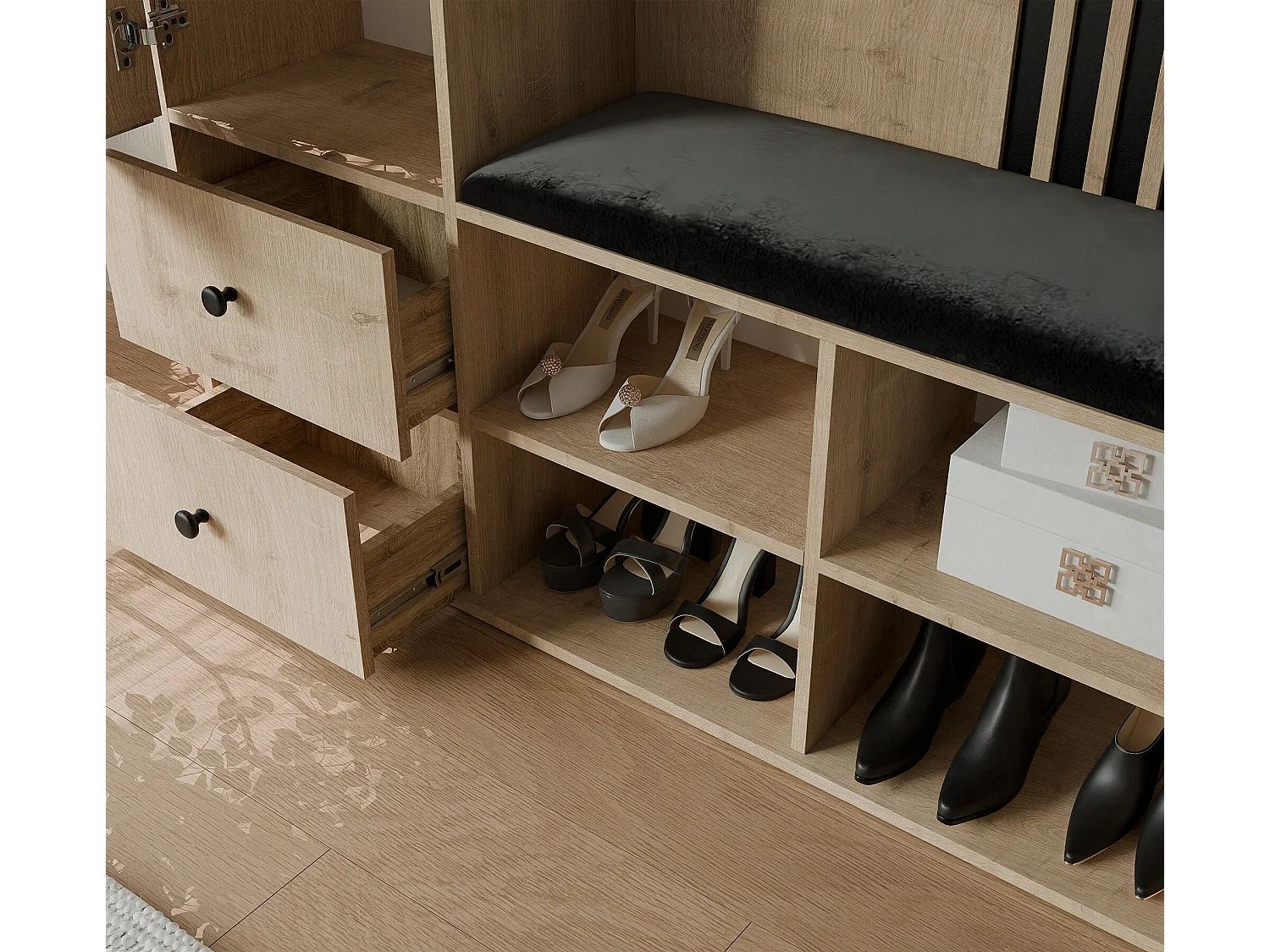 Vestiaire avec 1 porte, 2 tiroirs et 1 miroir, chêne artisanal