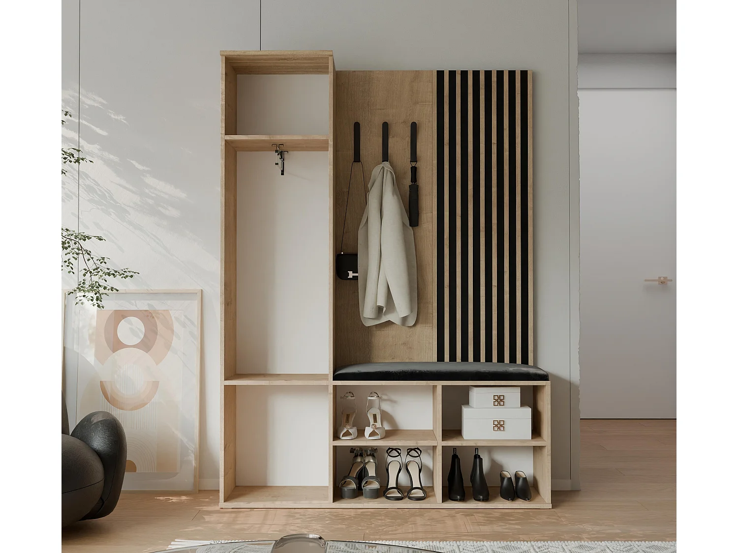 Vestiaire avec 1 porte, 2 tiroirs et 1 miroir, chêne artisanal