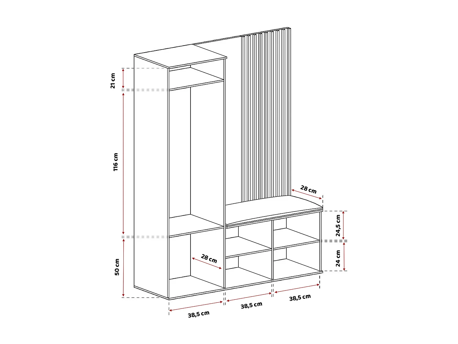 Vestiaire avec 1 porte, 2 tiroirs et 1 miroir, chêne artisanal