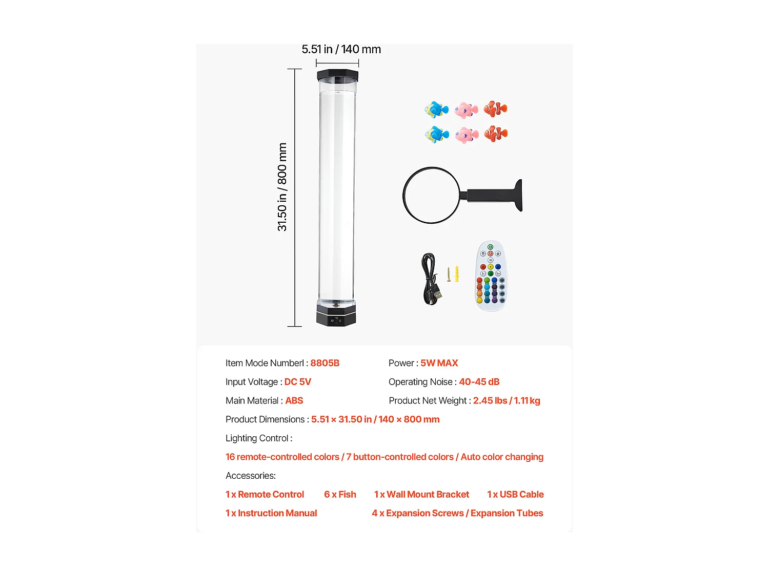 Bubbellamp SucceBuy met 6 Zwevende Vissen, 80 cm, 16 Kleurveranderende Lichteffecten, Sfeerlamp voor Slaapkamer, Woonkamer
